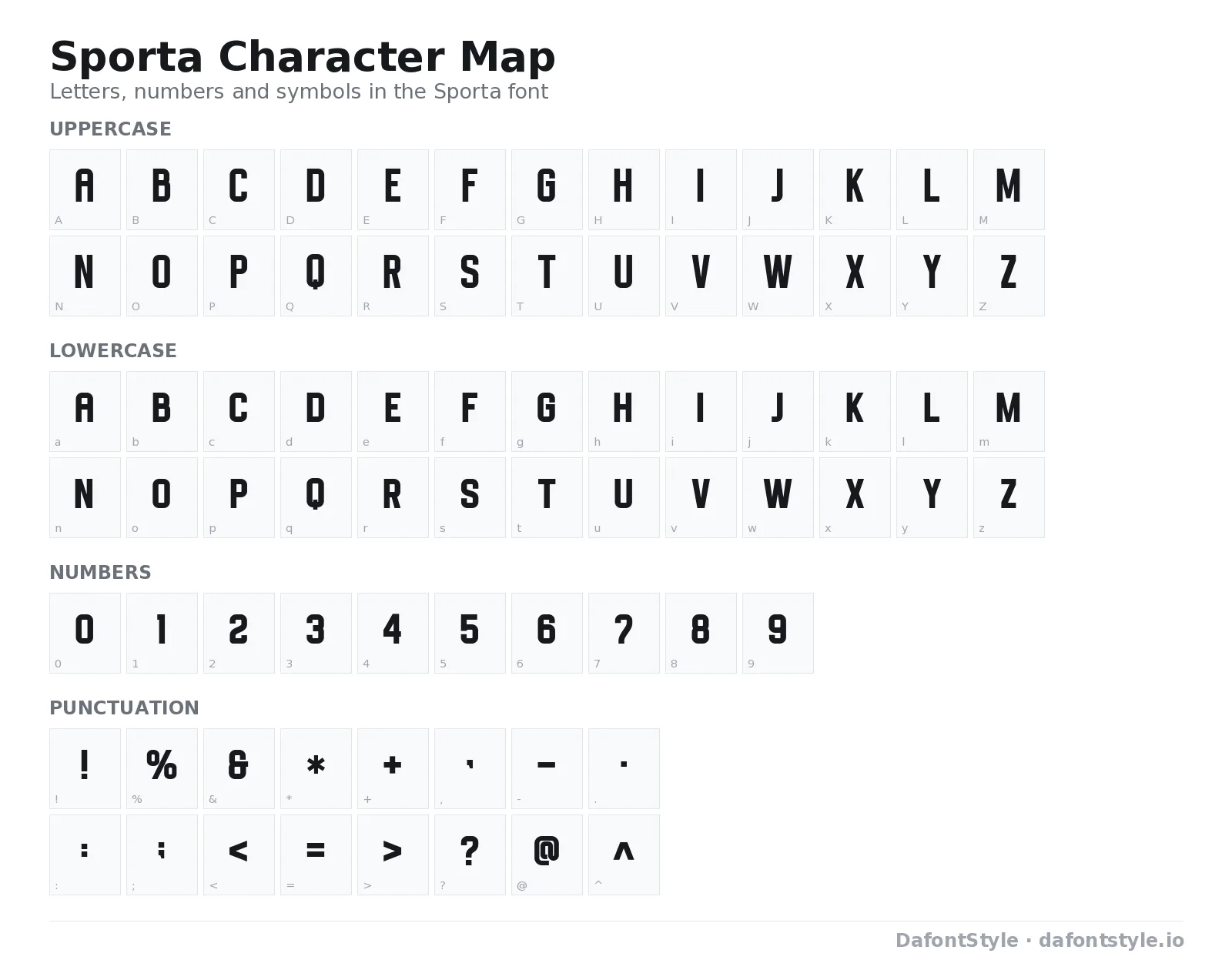 Sporta font character map with uppercase and lowercase letters, numbers and symbols