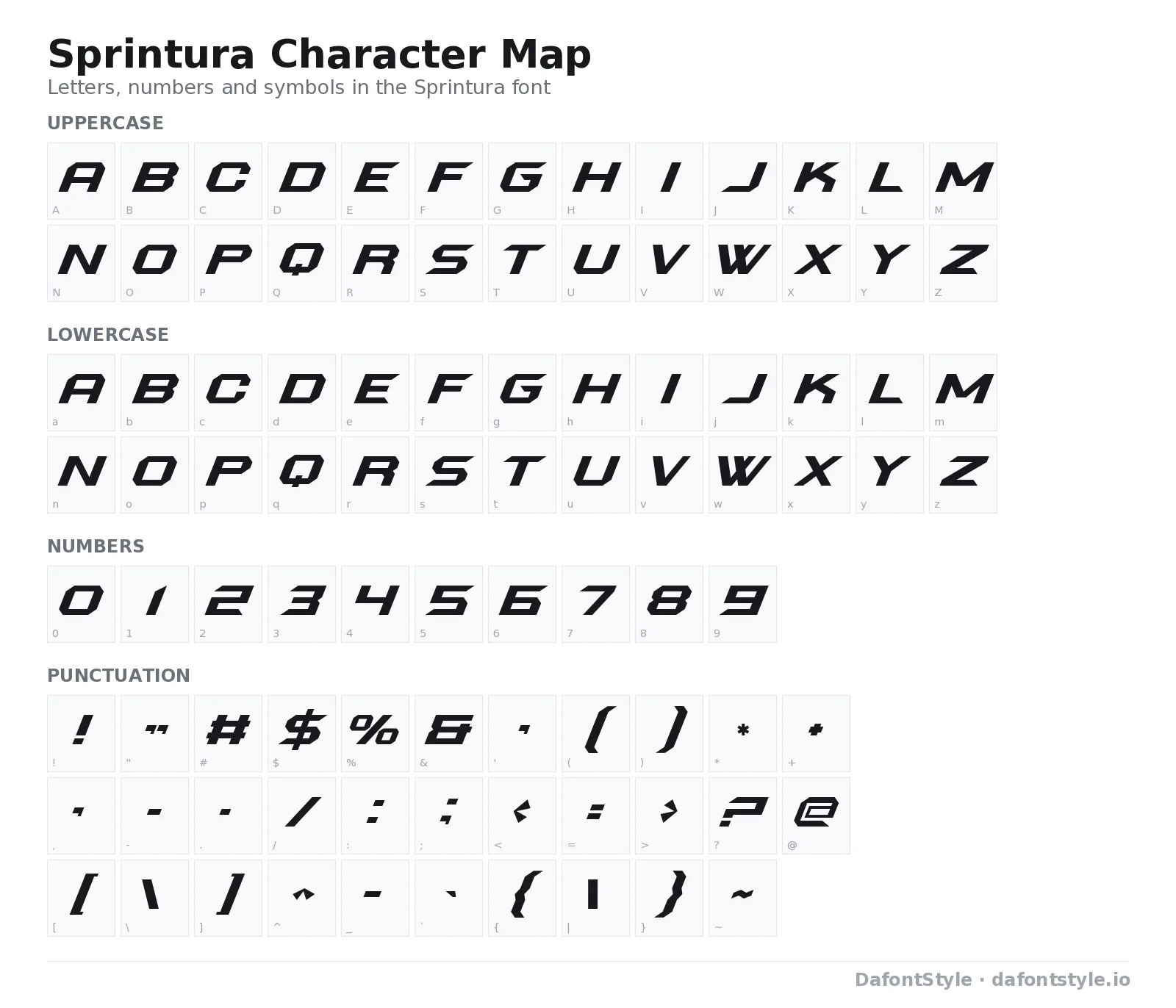 Sprintura font character map with uppercase and lowercase letters, numbers and symbols