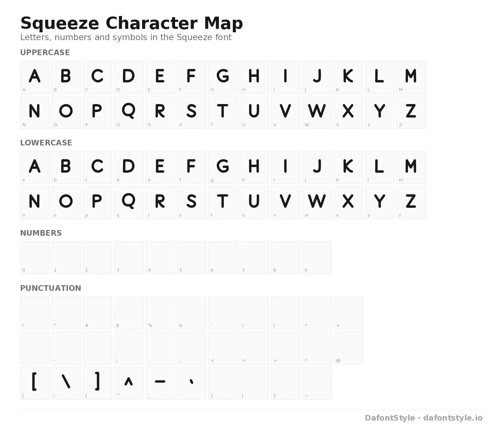 Squeeze font character map with uppercase and lowercase letters, numbers and symbols