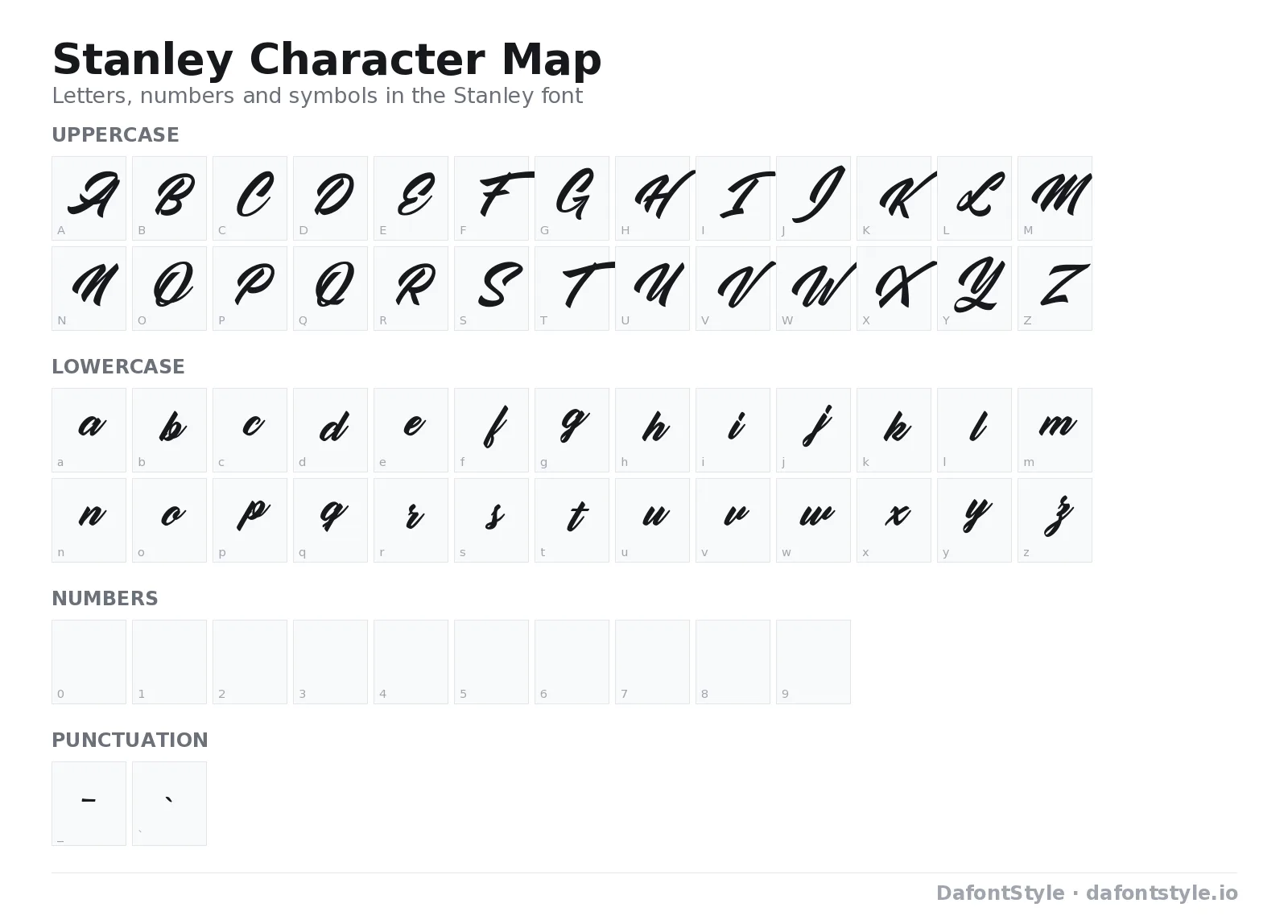 Stanley font character map with uppercase and lowercase letters, numbers and symbols