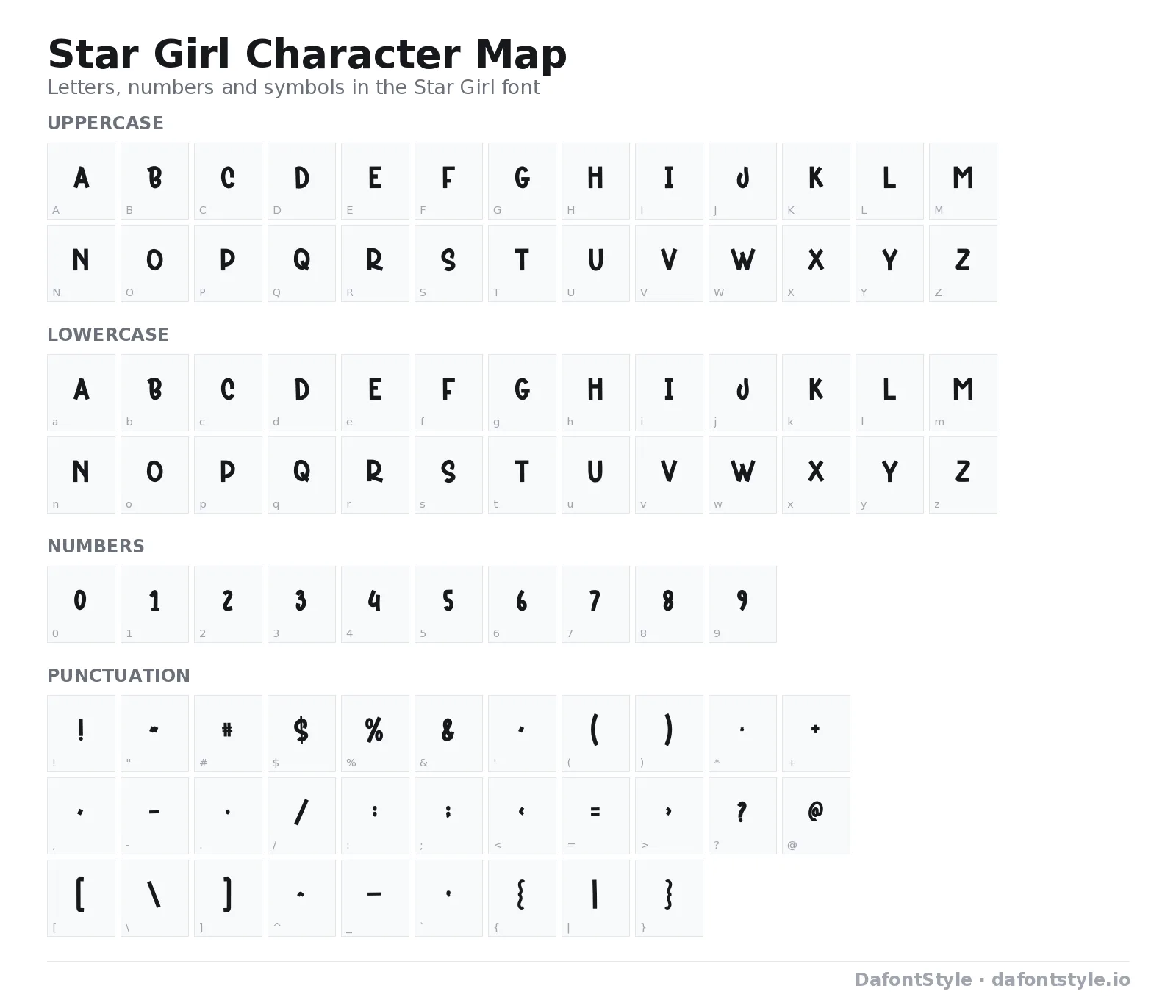 Star Girl font character map with uppercase and lowercase letters, numbers and symbols