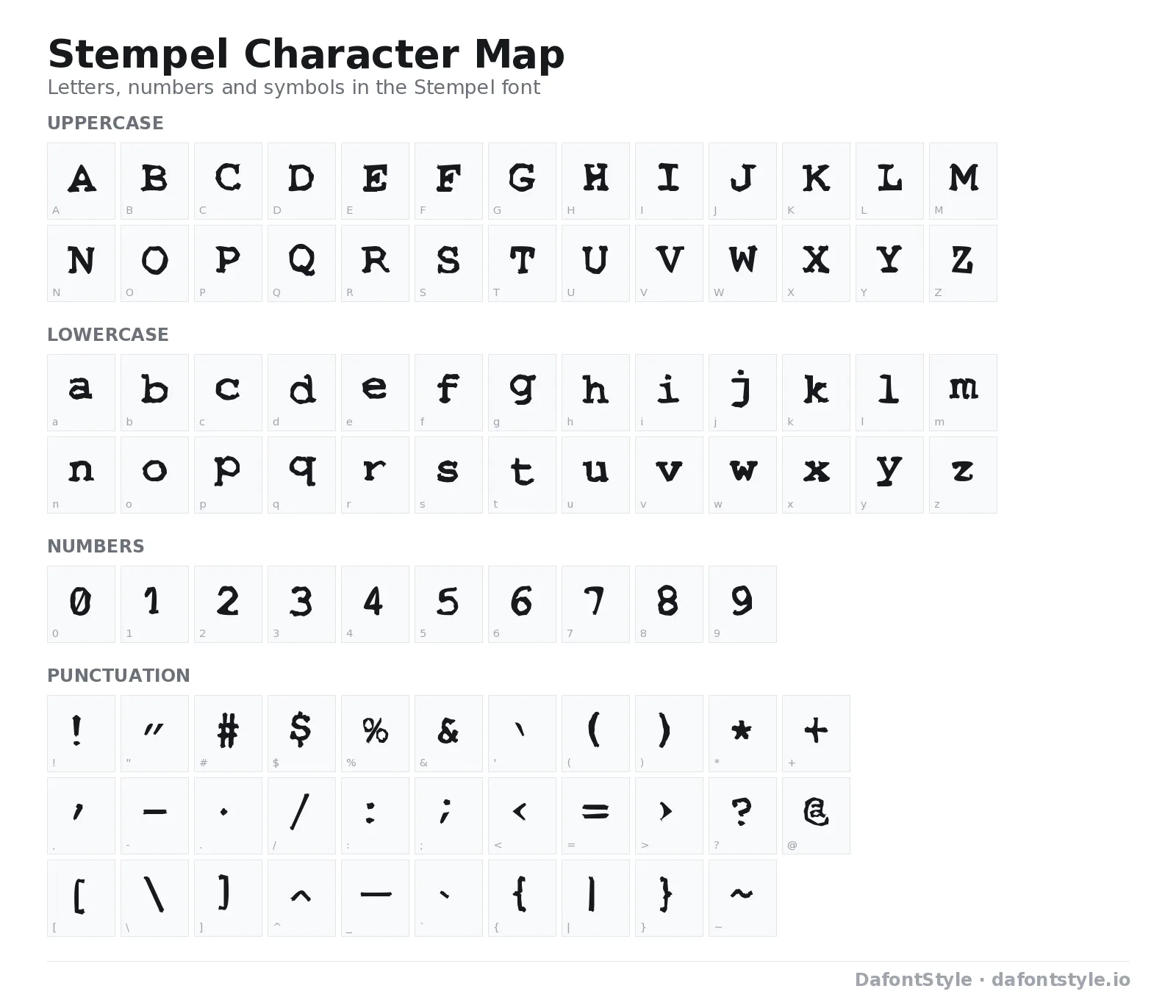 Stempel font character map with uppercase and lowercase letters, numbers and symbols