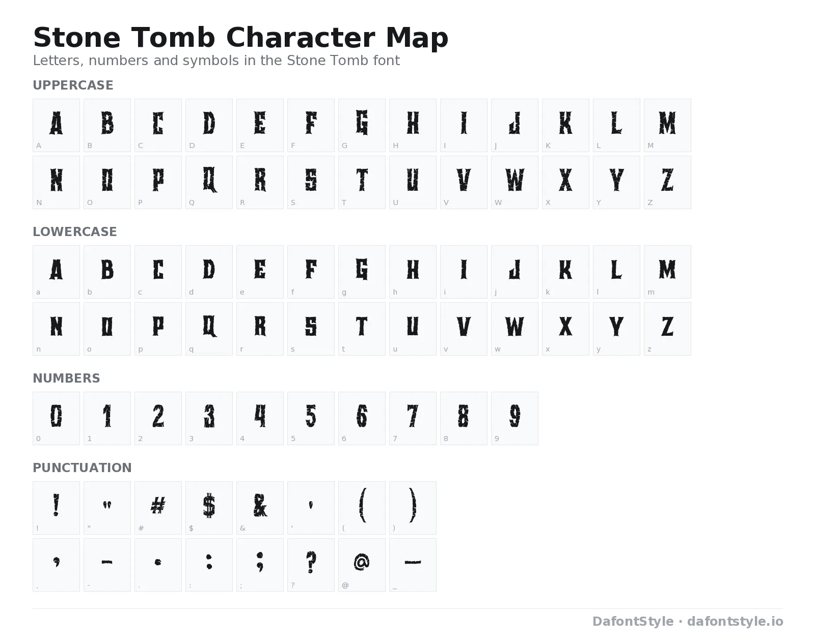 Stone Tomb font character map with uppercase and lowercase letters, numbers and symbols