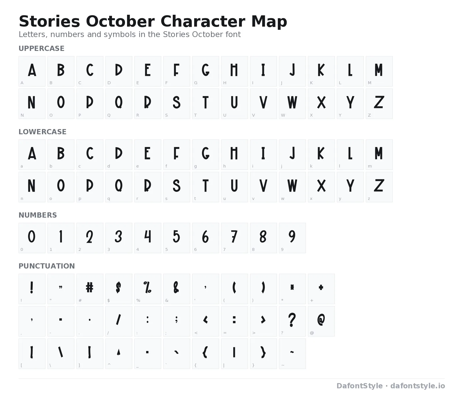 Stories October font character map with uppercase and lowercase letters, numbers and symbols