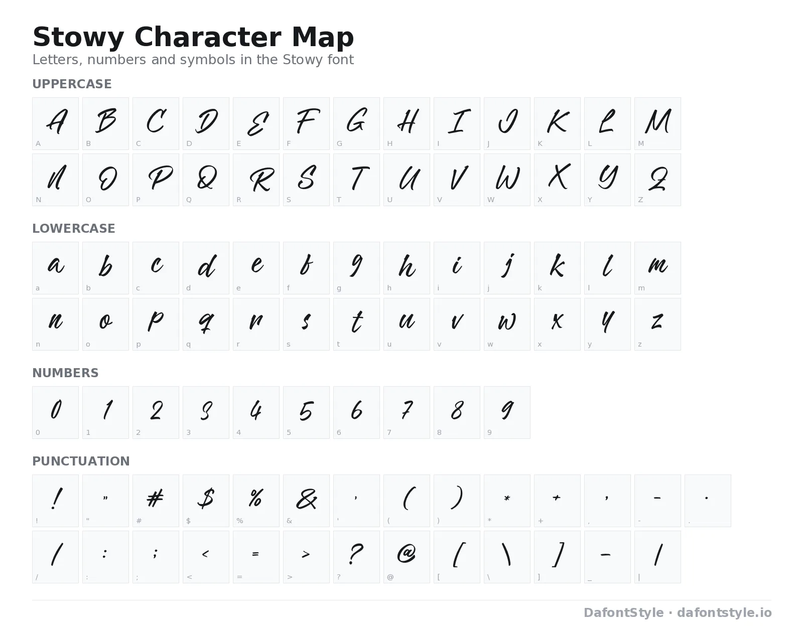 Stowy font character map with uppercase and lowercase letters, numbers and symbols