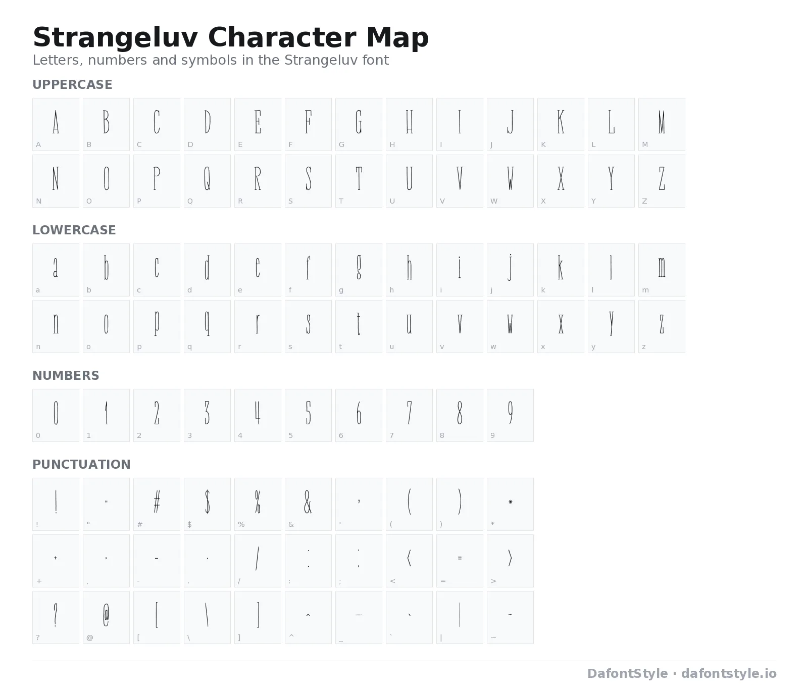 Strangeluv font character map with uppercase and lowercase letters, numbers and symbols