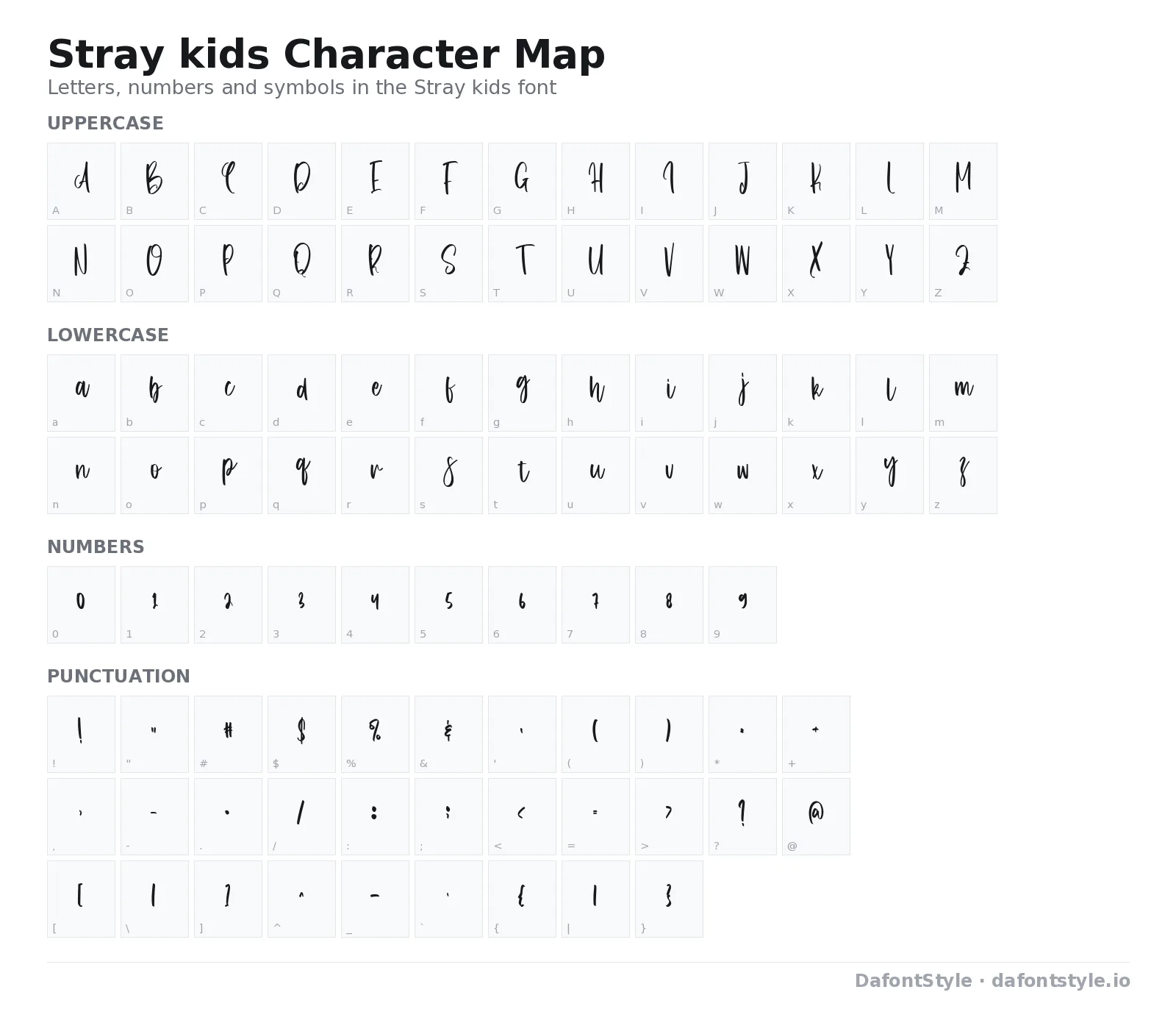 Stray kids font character map with uppercase and lowercase letters, numbers and symbols