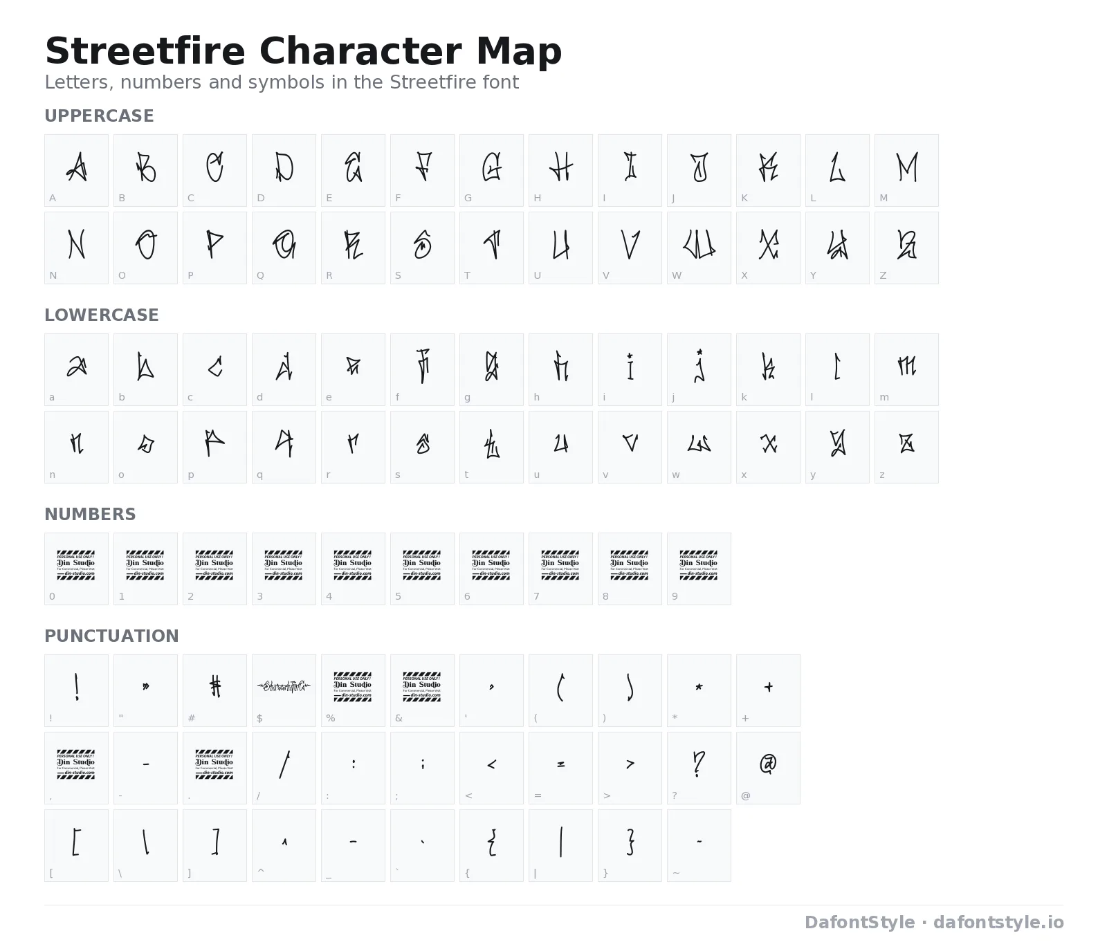 Streetfire font character map with uppercase and lowercase letters, numbers and symbols