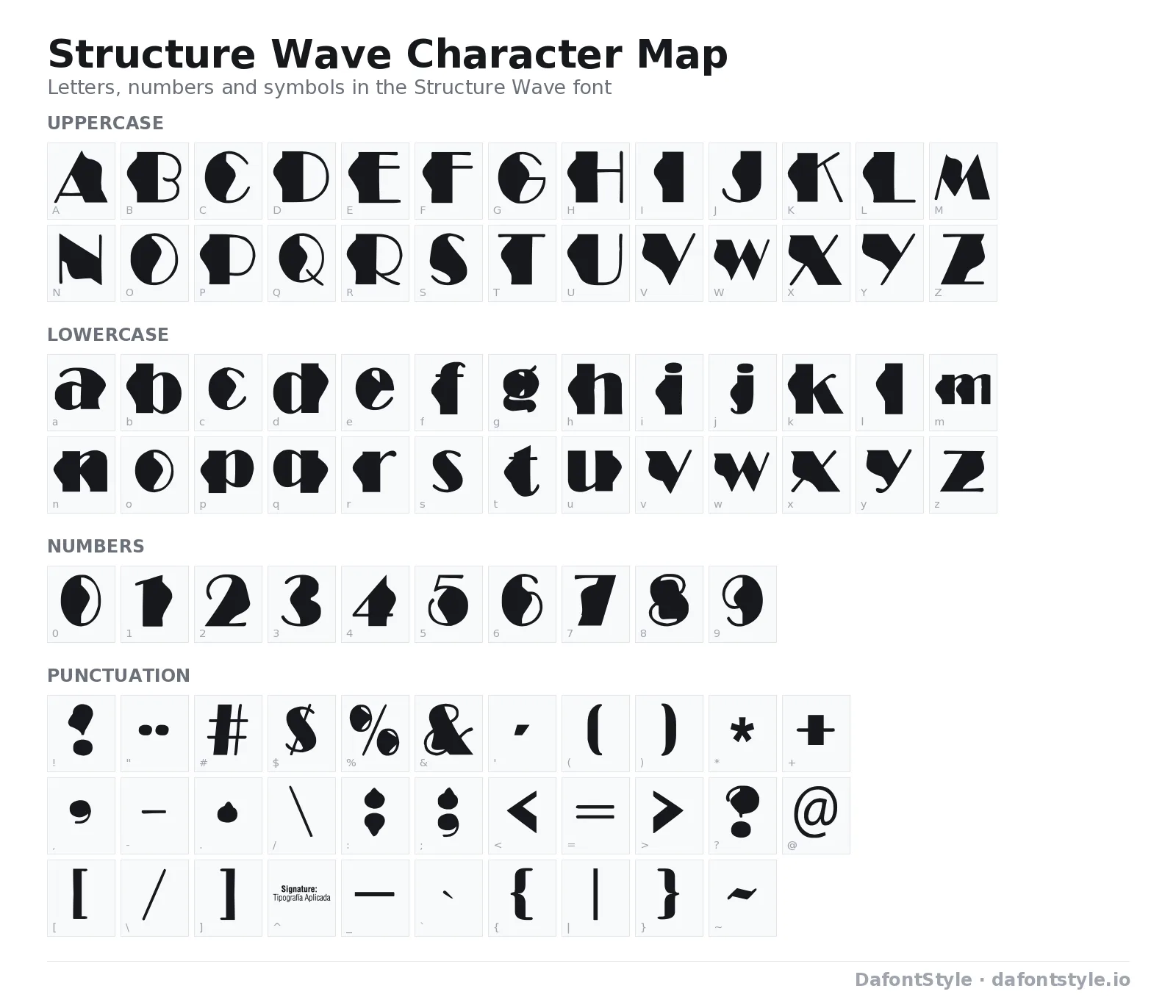 Structure Wave font character map with uppercase and lowercase letters, numbers and symbols