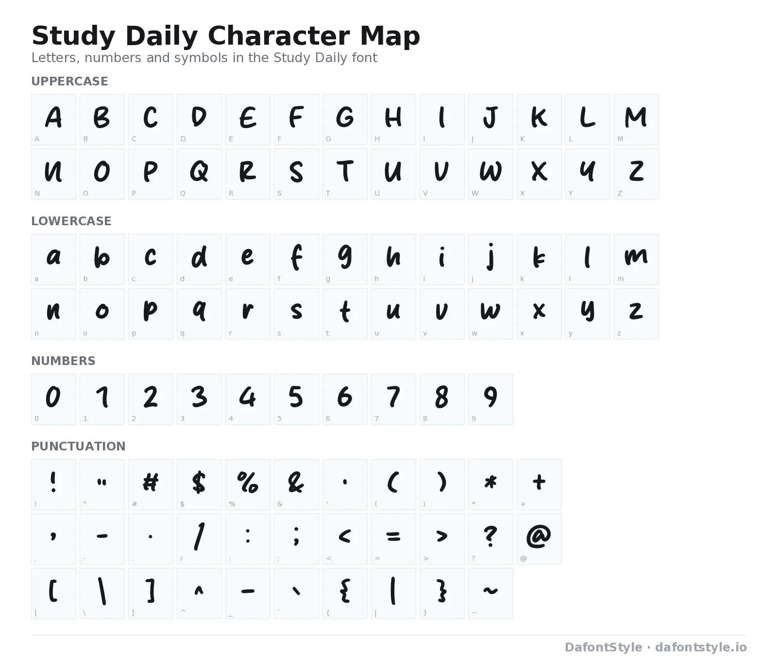 Study Daily font character map with uppercase and lowercase letters, numbers and symbols