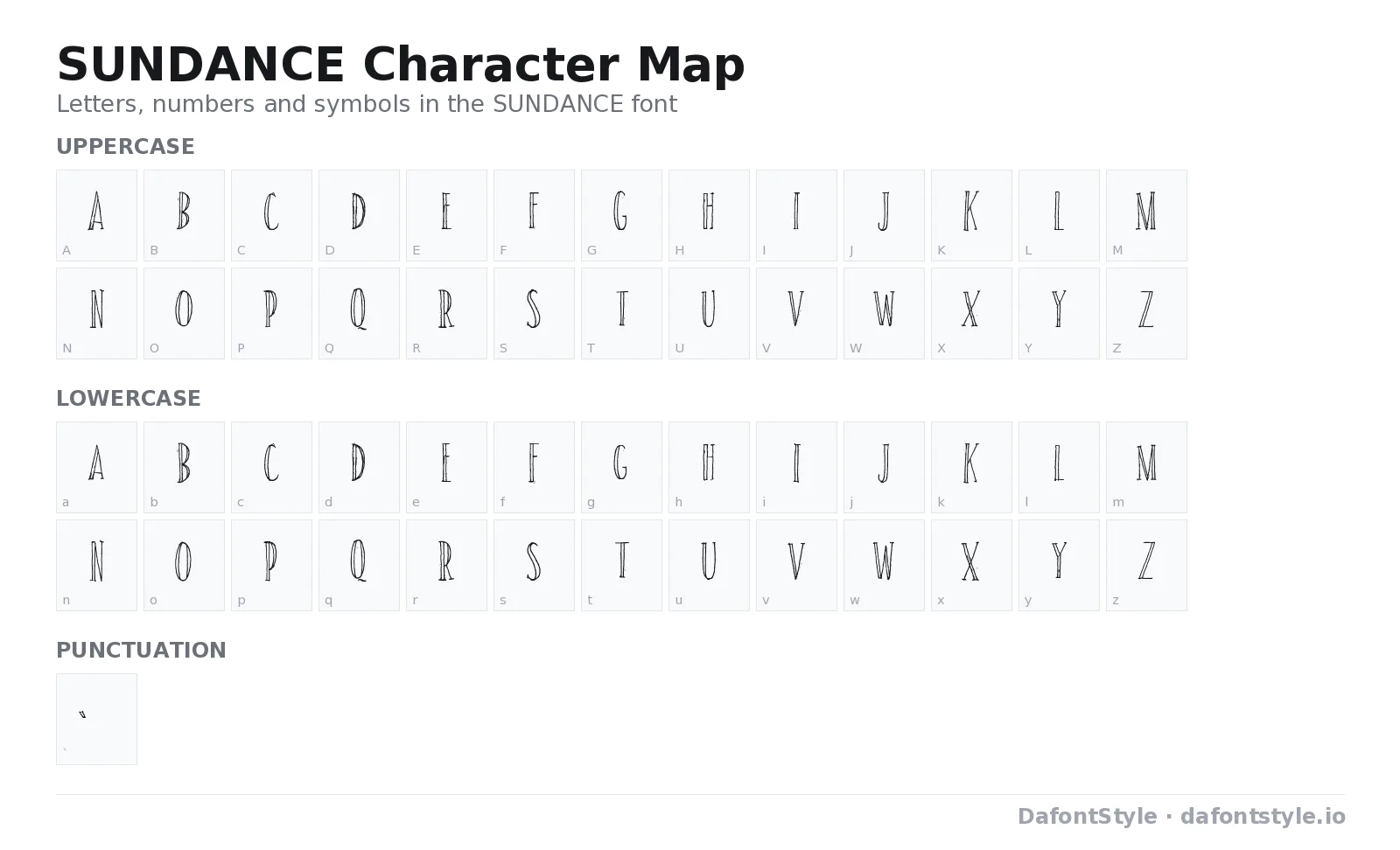 SUNDANCE font character map with uppercase and lowercase letters, numbers and symbols