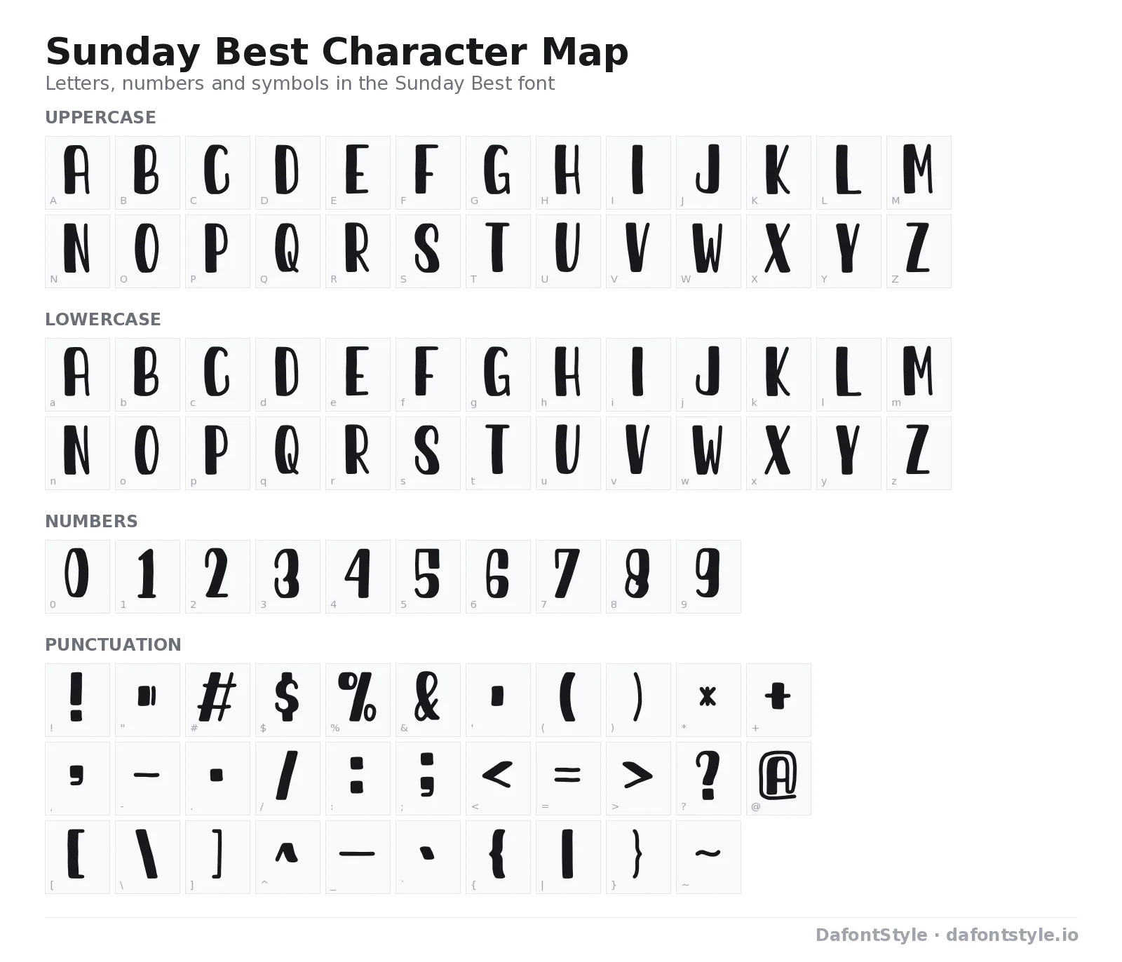 Sunday Best font character map with uppercase and lowercase letters, numbers and symbols