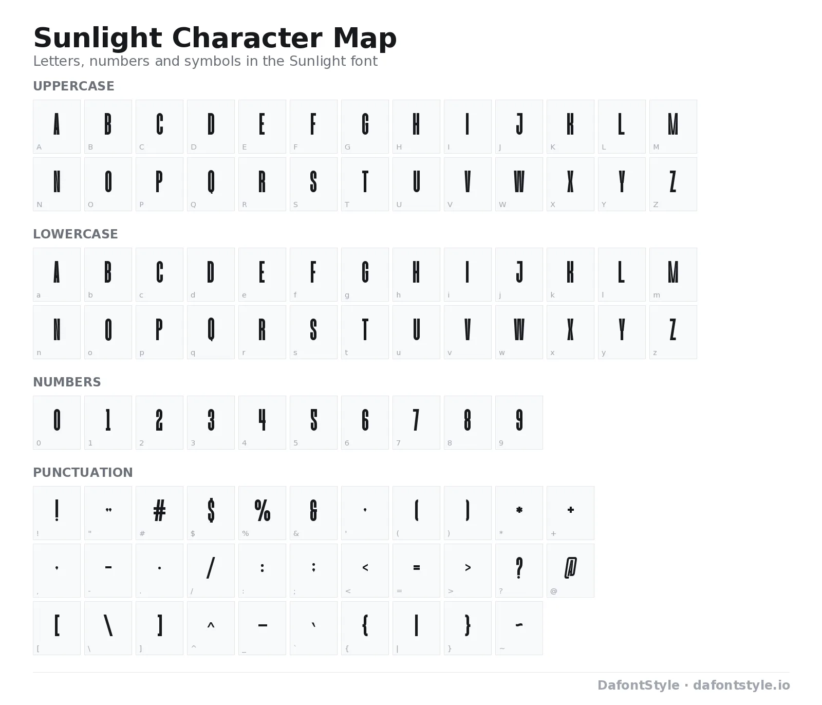 Sunlight font character map with uppercase and lowercase letters, numbers and symbols