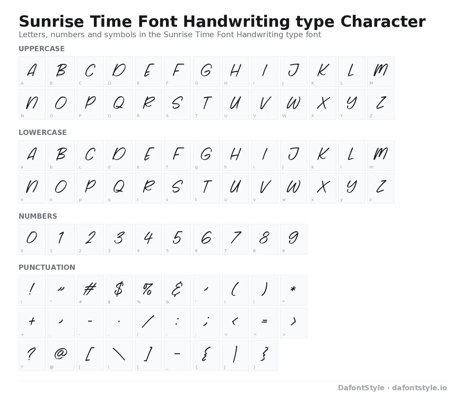 Sunrise Time Font Handwriting type font character map with uppercase and lowercase letters, numbers and symbols