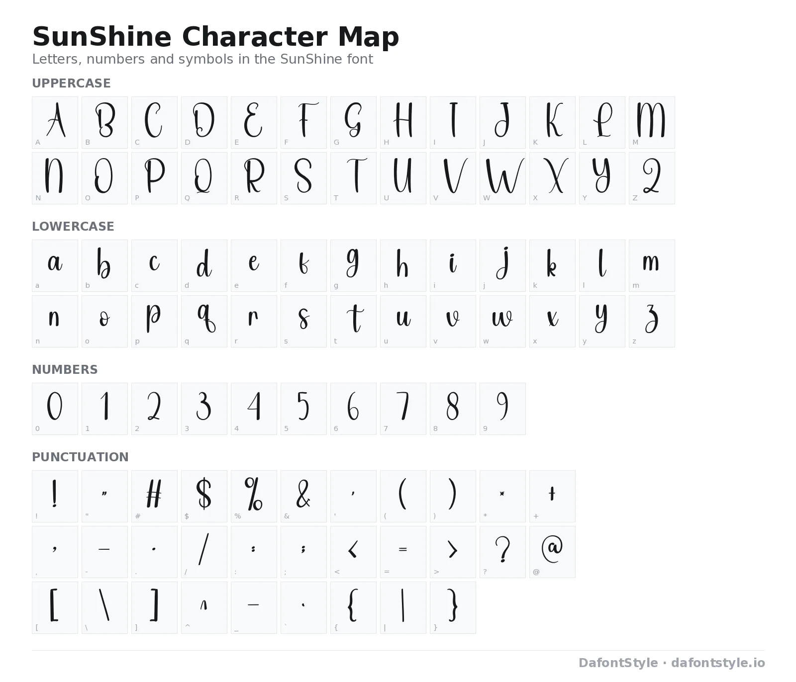 SunShine font character map with uppercase and lowercase letters, numbers and symbols