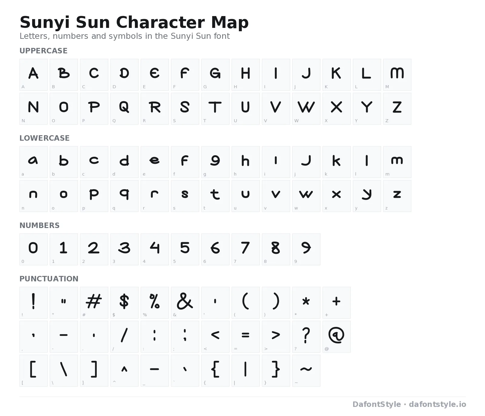 Sunyi Sun font character map with uppercase and lowercase letters, numbers and symbols