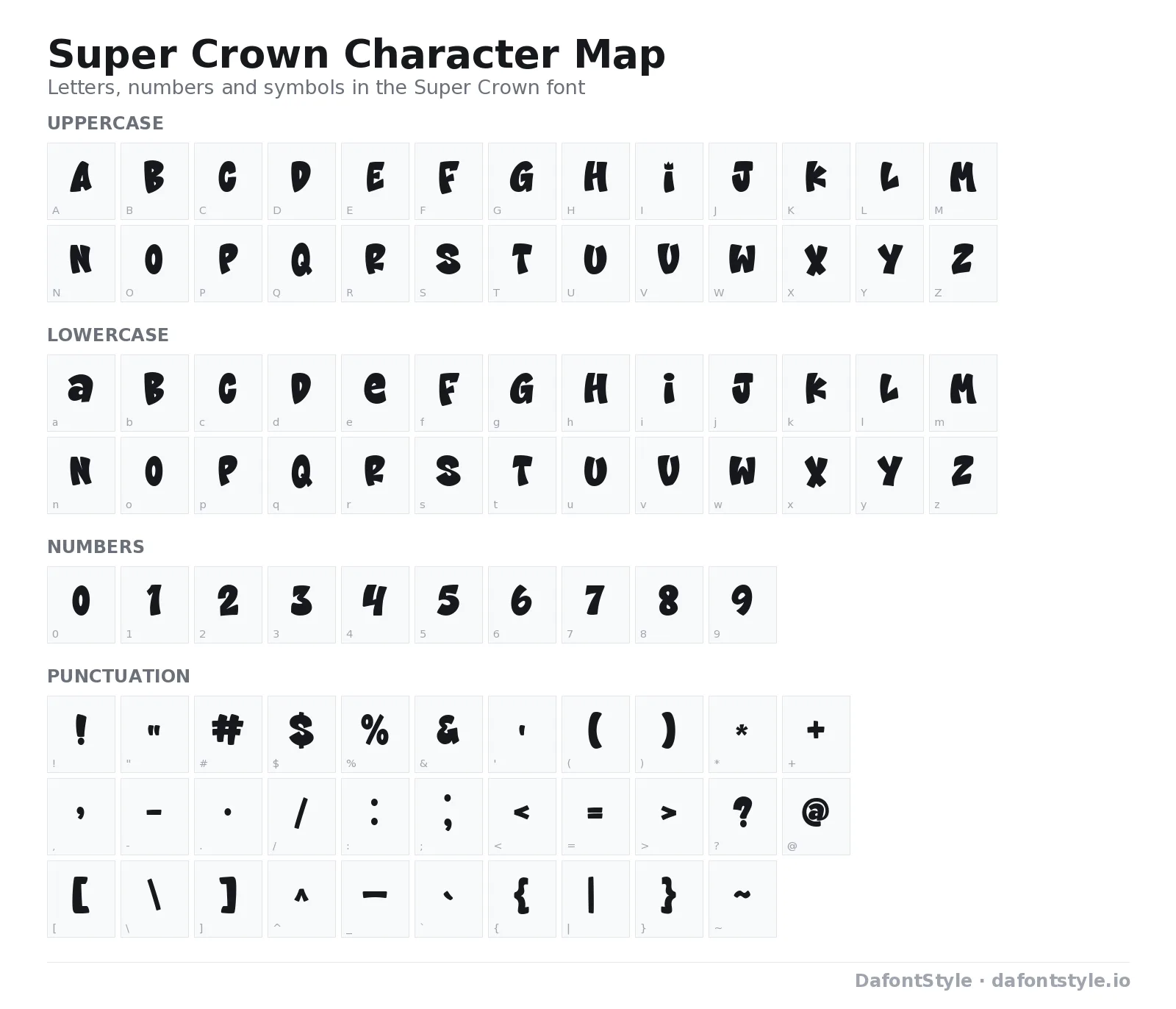 Super Crown font character map with uppercase and lowercase letters, numbers and symbols