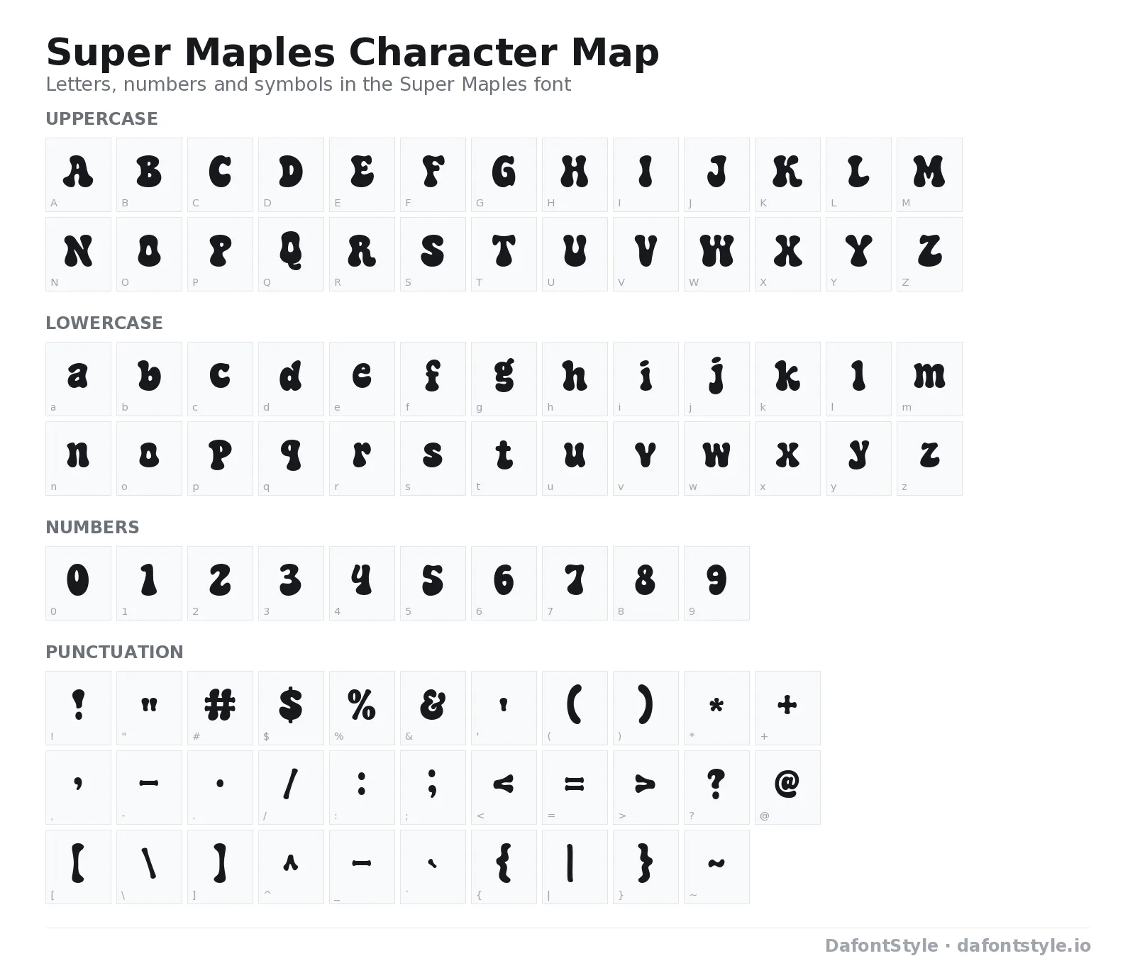 Super Maples font character map with uppercase and lowercase letters, numbers and symbols
