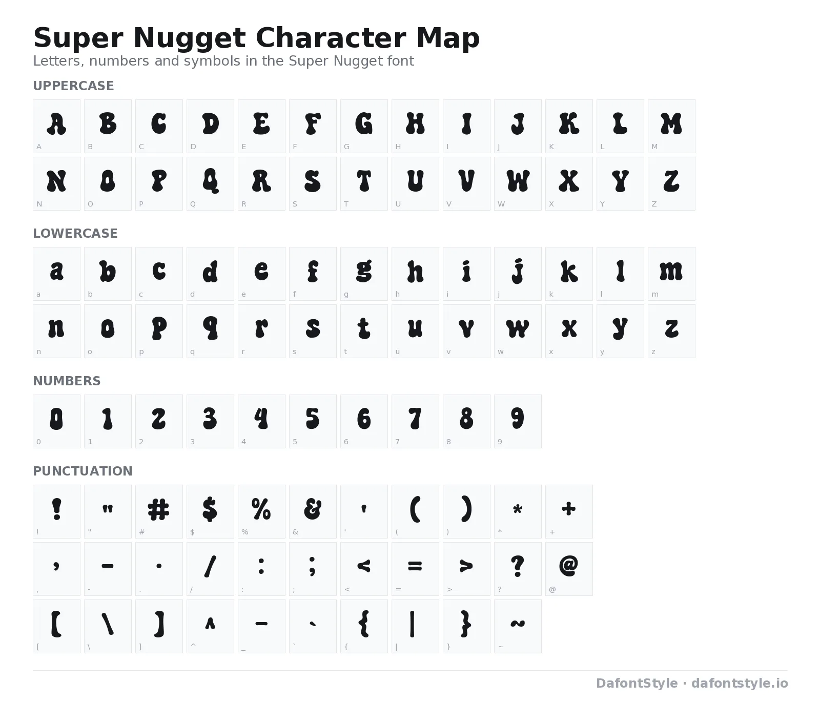 Super Nugget font character map with uppercase and lowercase letters, numbers and symbols