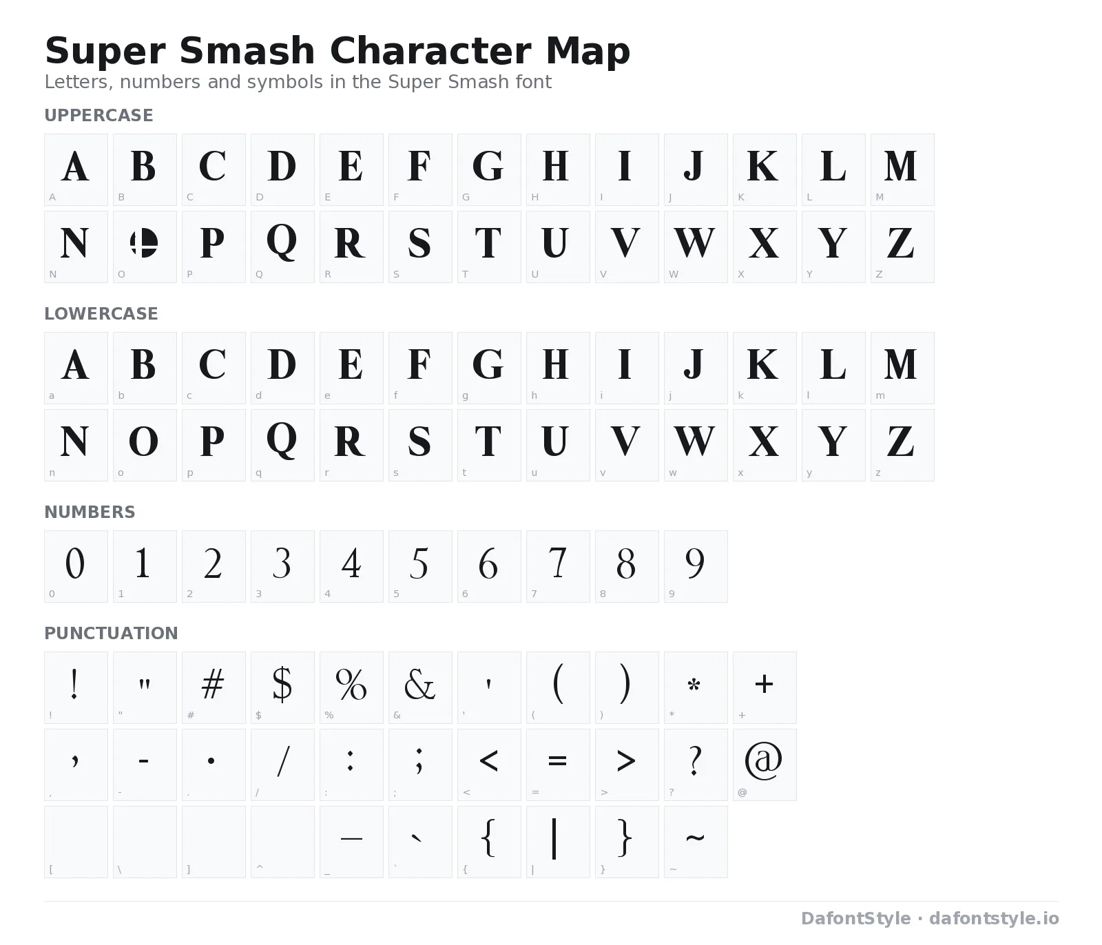 Super Smash font character map with uppercase and lowercase letters, numbers and symbols