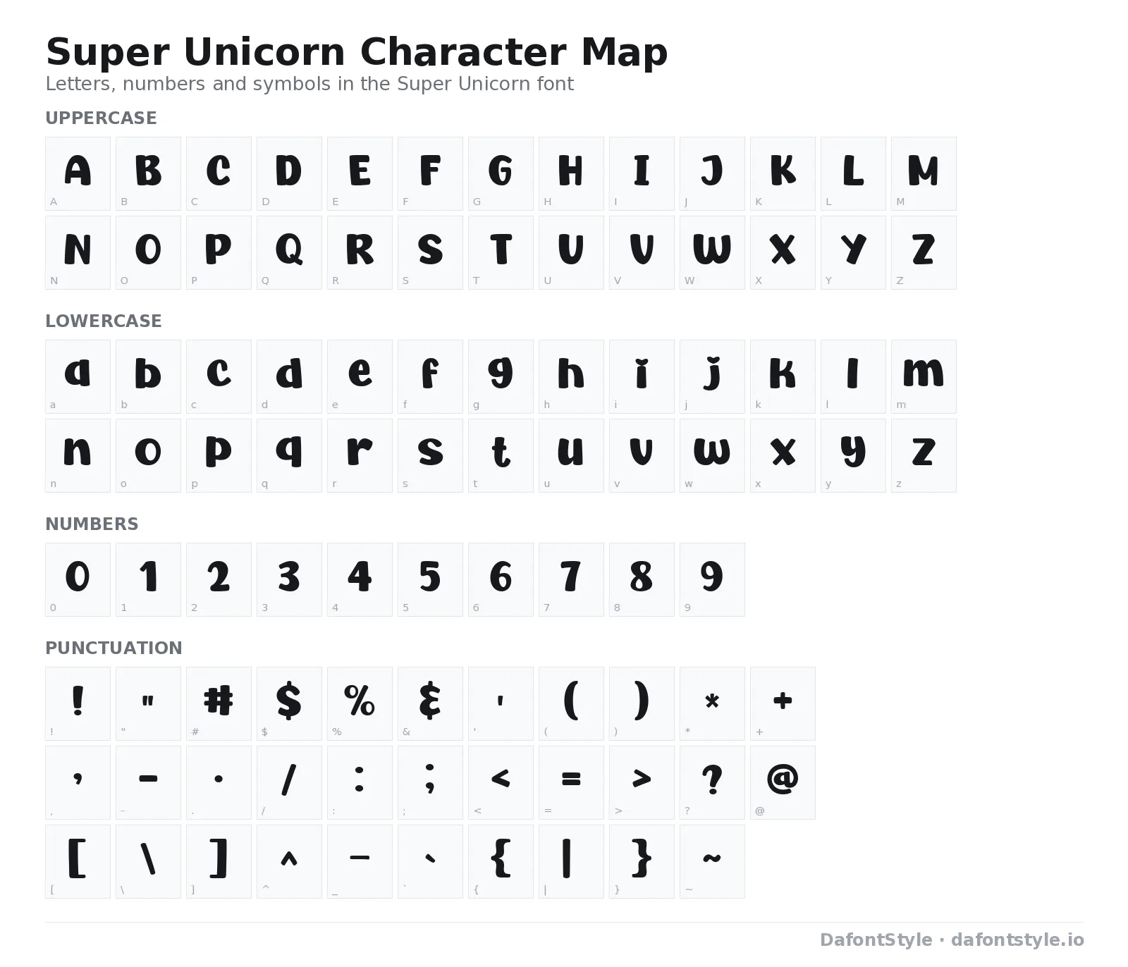 Super Unicorn font character map with uppercase and lowercase letters, numbers and symbols