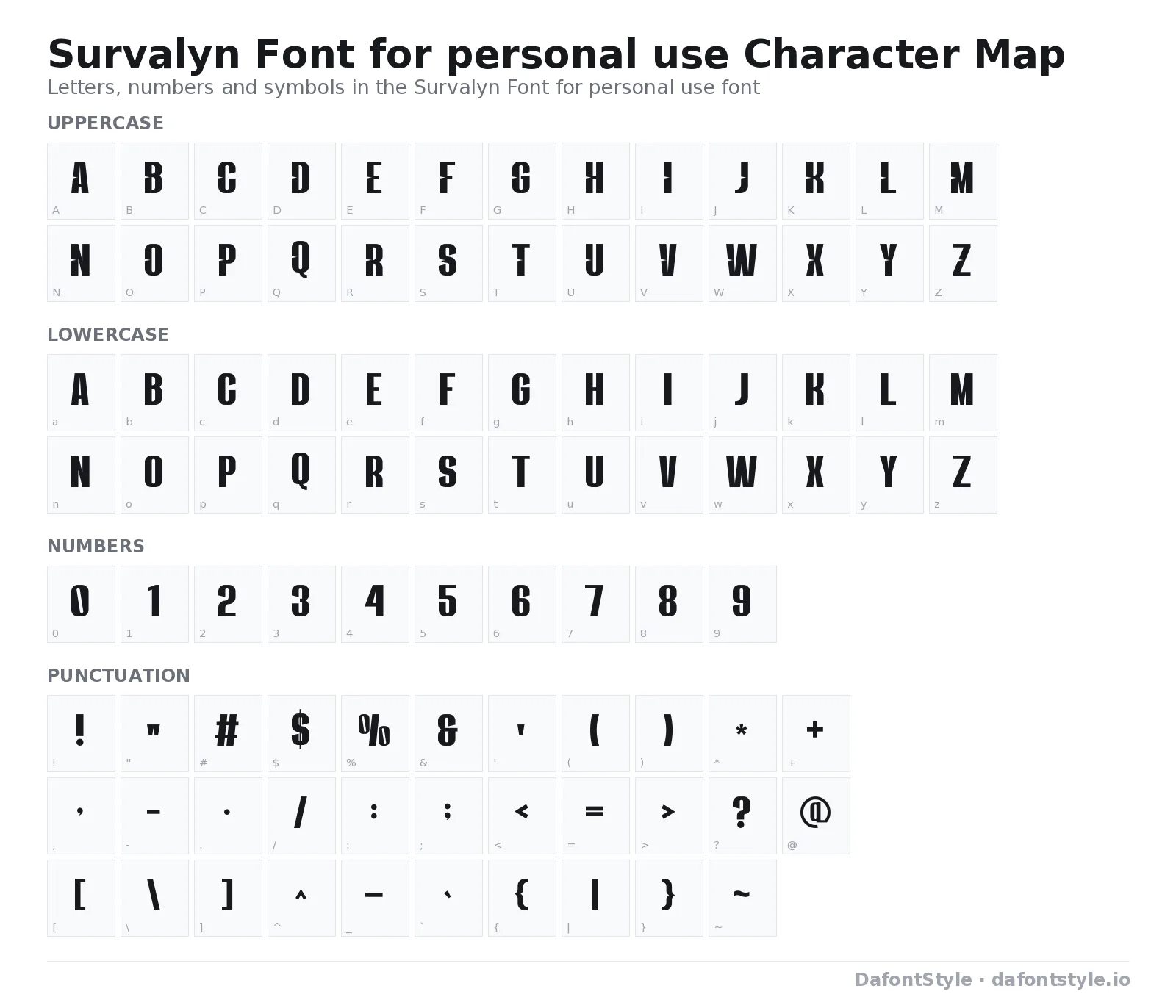 Survalyn Font for personal use font character map with uppercase and lowercase letters, numbers and symbols