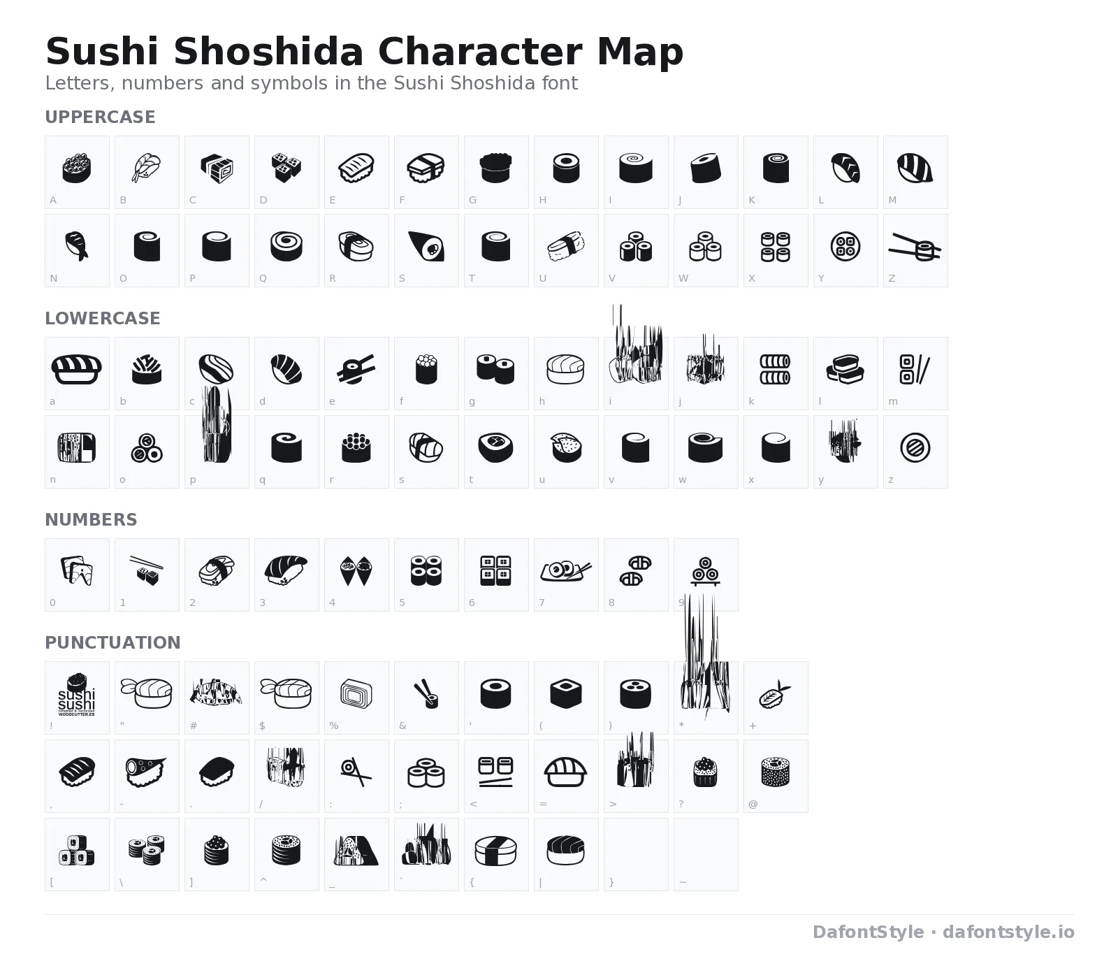 Sushi Shoshida font character map with uppercase and lowercase letters, numbers and symbols