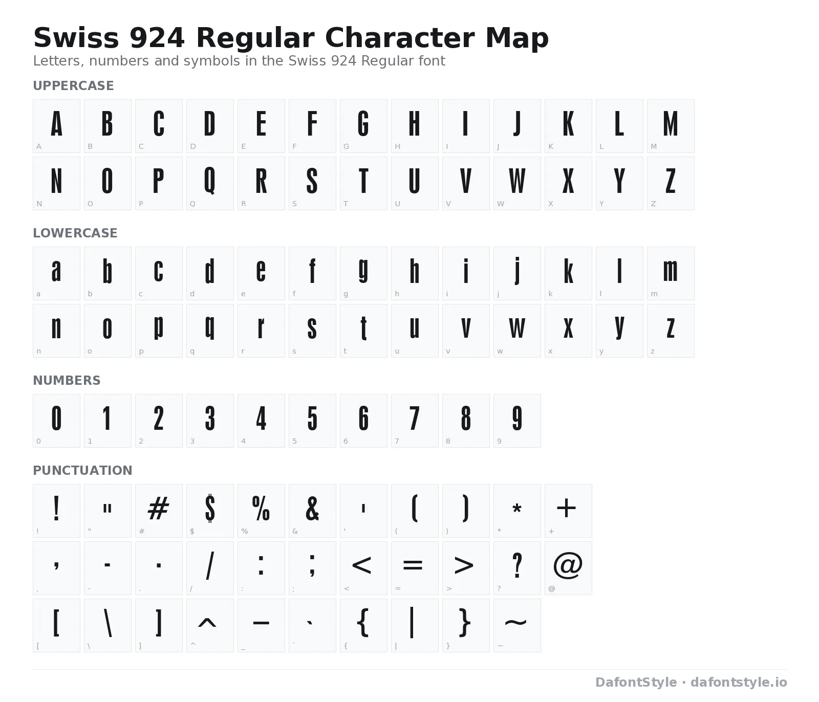 Swiss 924 Regular font character map with uppercase and lowercase letters, numbers and symbols