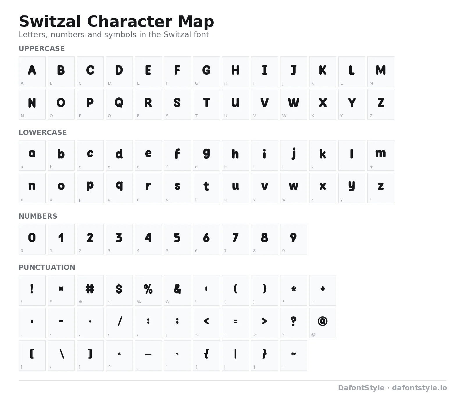 Switzal font character map with uppercase and lowercase letters, numbers and symbols