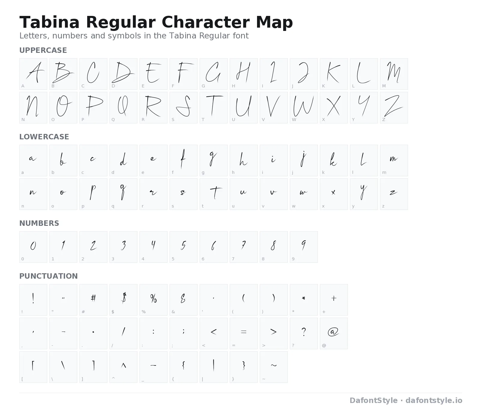 Tabina Regular font character map with uppercase and lowercase letters, numbers and symbols