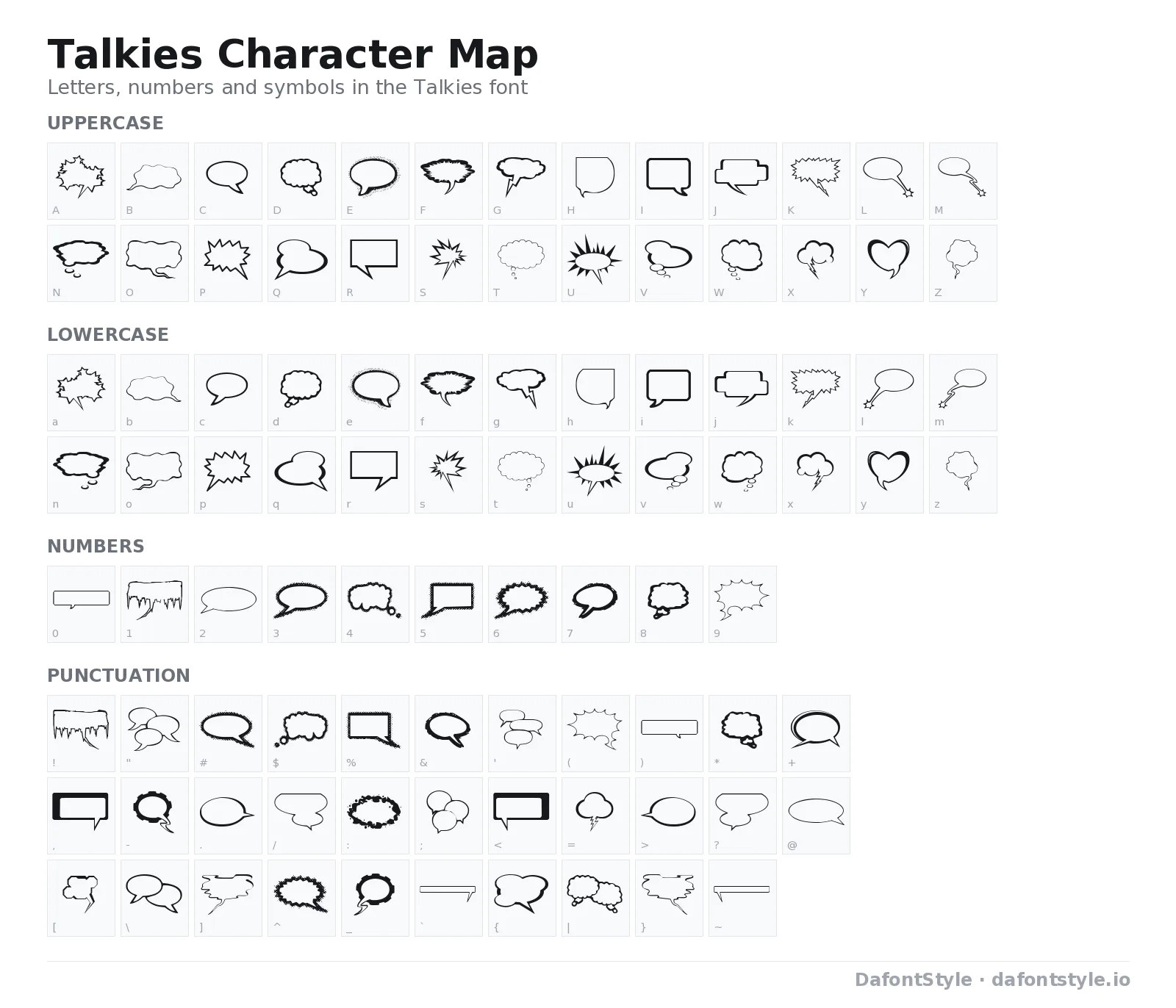 Talkies font character map with uppercase and lowercase letters, numbers and symbols
