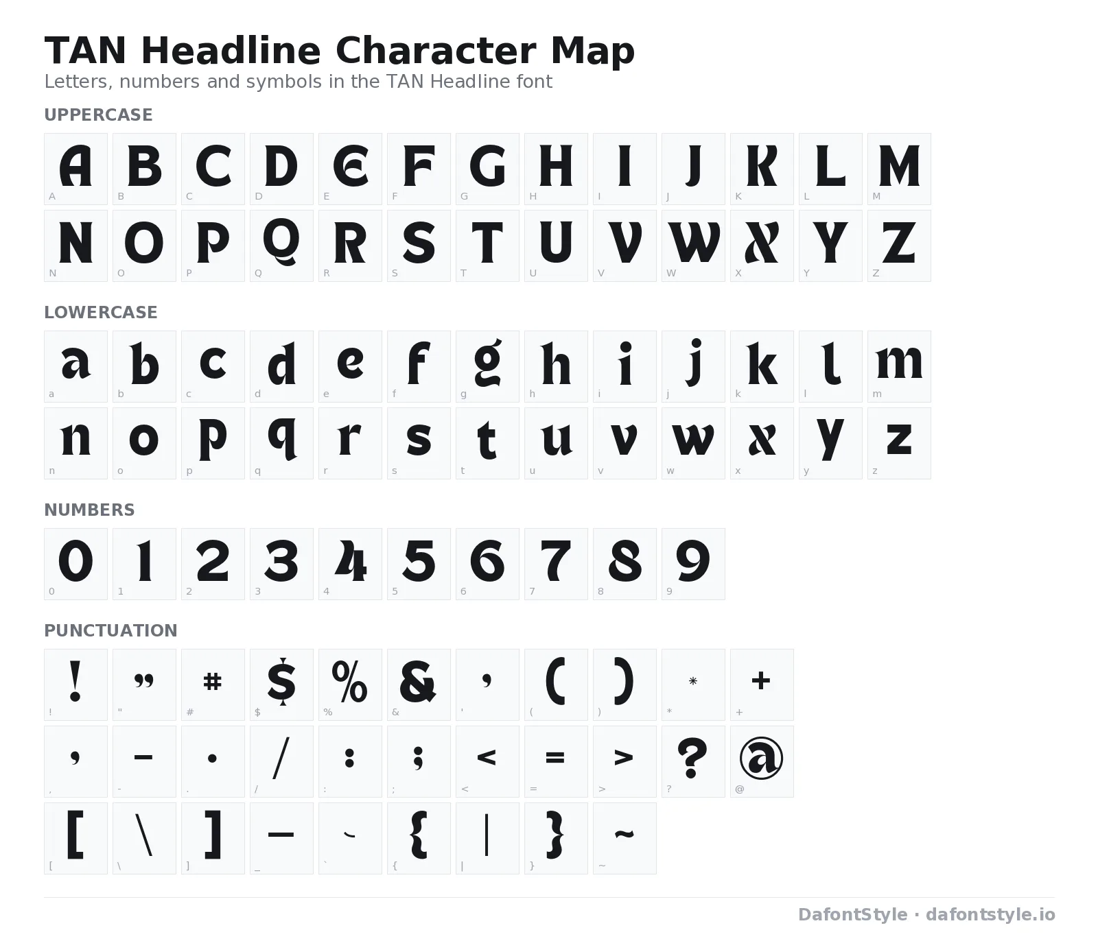 TAN Headline font character map with uppercase and lowercase letters, numbers and symbols