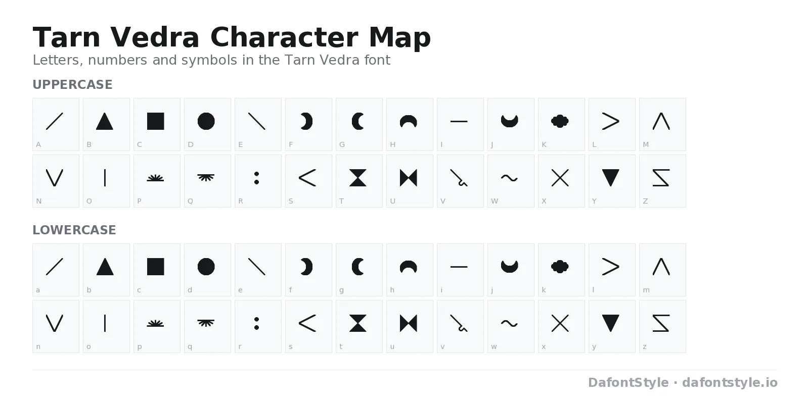 Tarn Vedra font character map with uppercase and lowercase letters, numbers and symbols