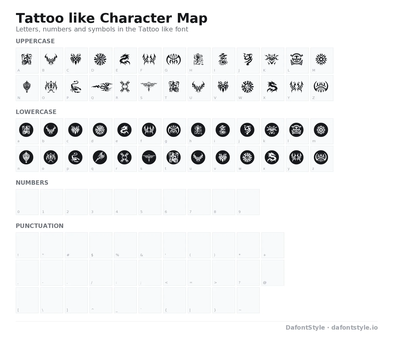 Tattoo like font character map with uppercase and lowercase letters, numbers and symbols