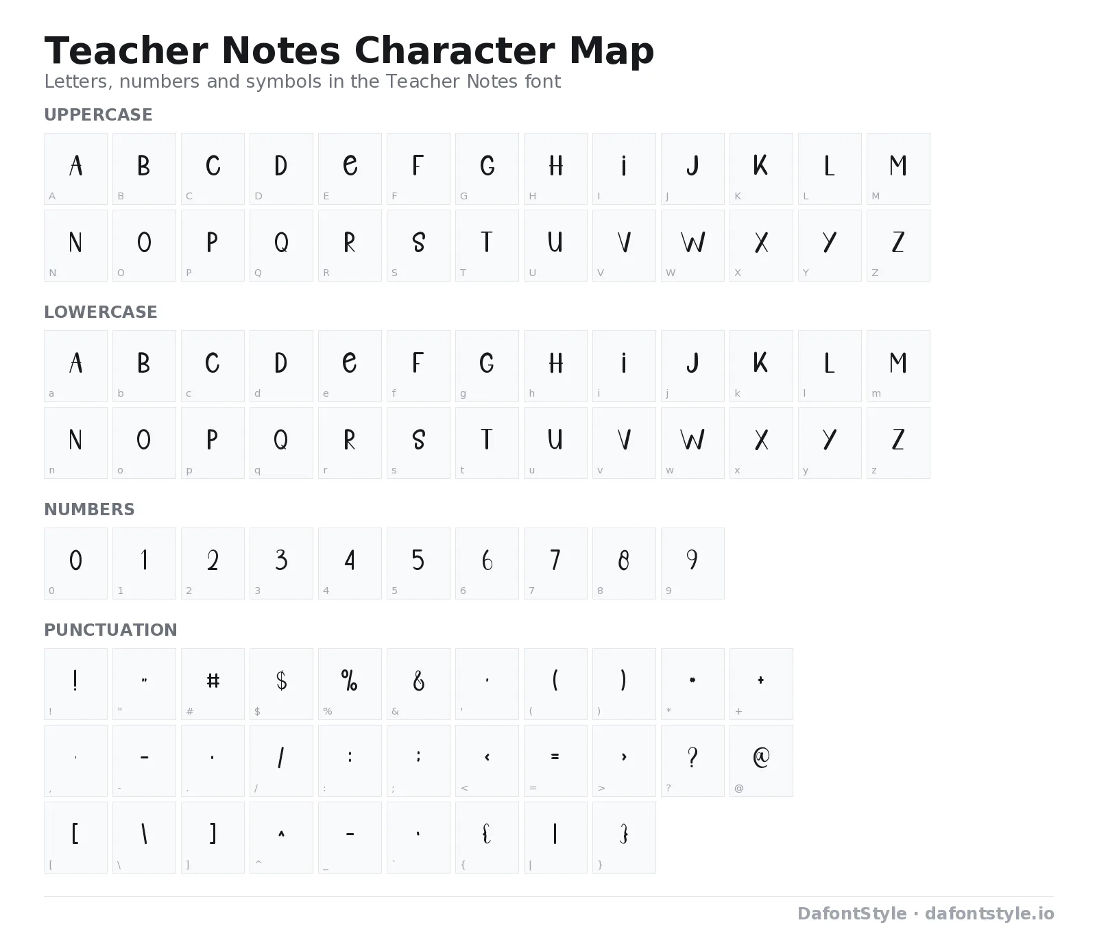Teacher Notes font character map with uppercase and lowercase letters, numbers and symbols
