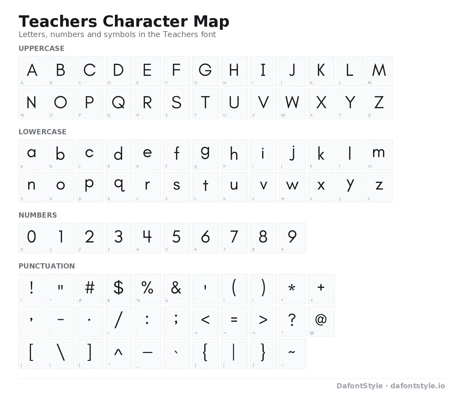 Teachers font character map with uppercase and lowercase letters, numbers and symbols