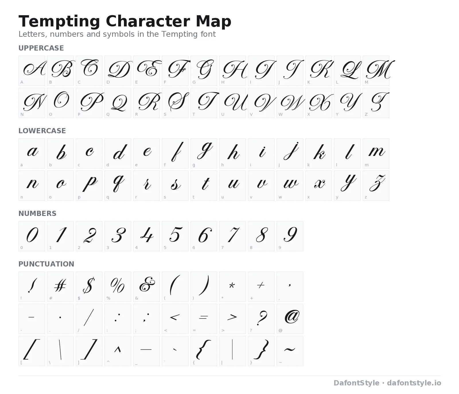 Tempting font character map with uppercase and lowercase letters, numbers and symbols