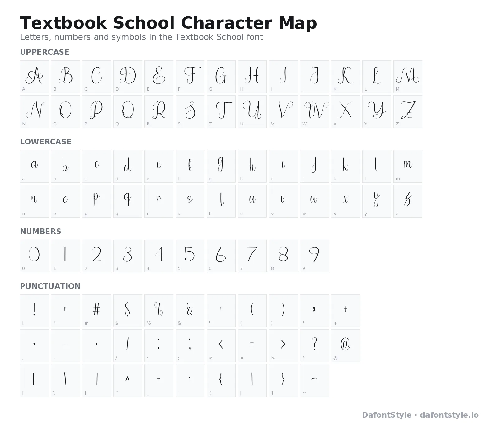 Textbook School font character map with uppercase and lowercase letters, numbers and symbols