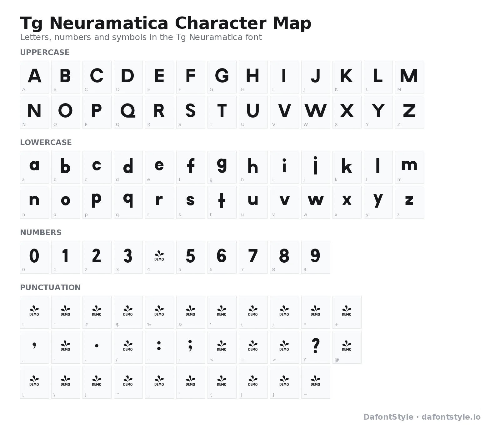 Tg Neuramatica font character map with uppercase and lowercase letters, numbers and symbols