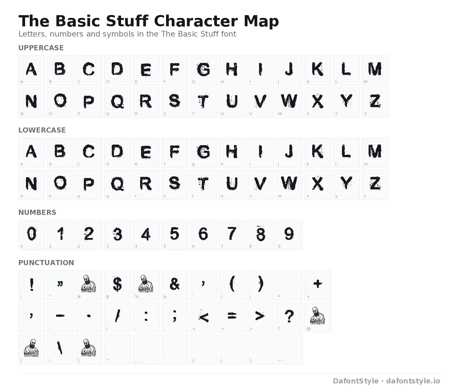 The Basic Stuff font character map with uppercase and lowercase letters, numbers and symbols