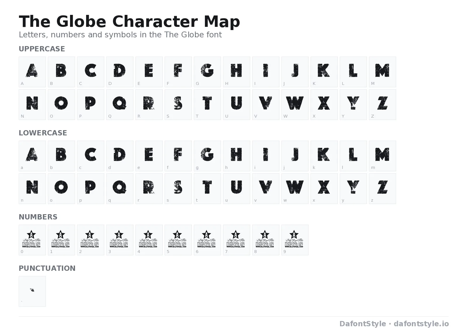 The Globe font character map with uppercase and lowercase letters, numbers and symbols