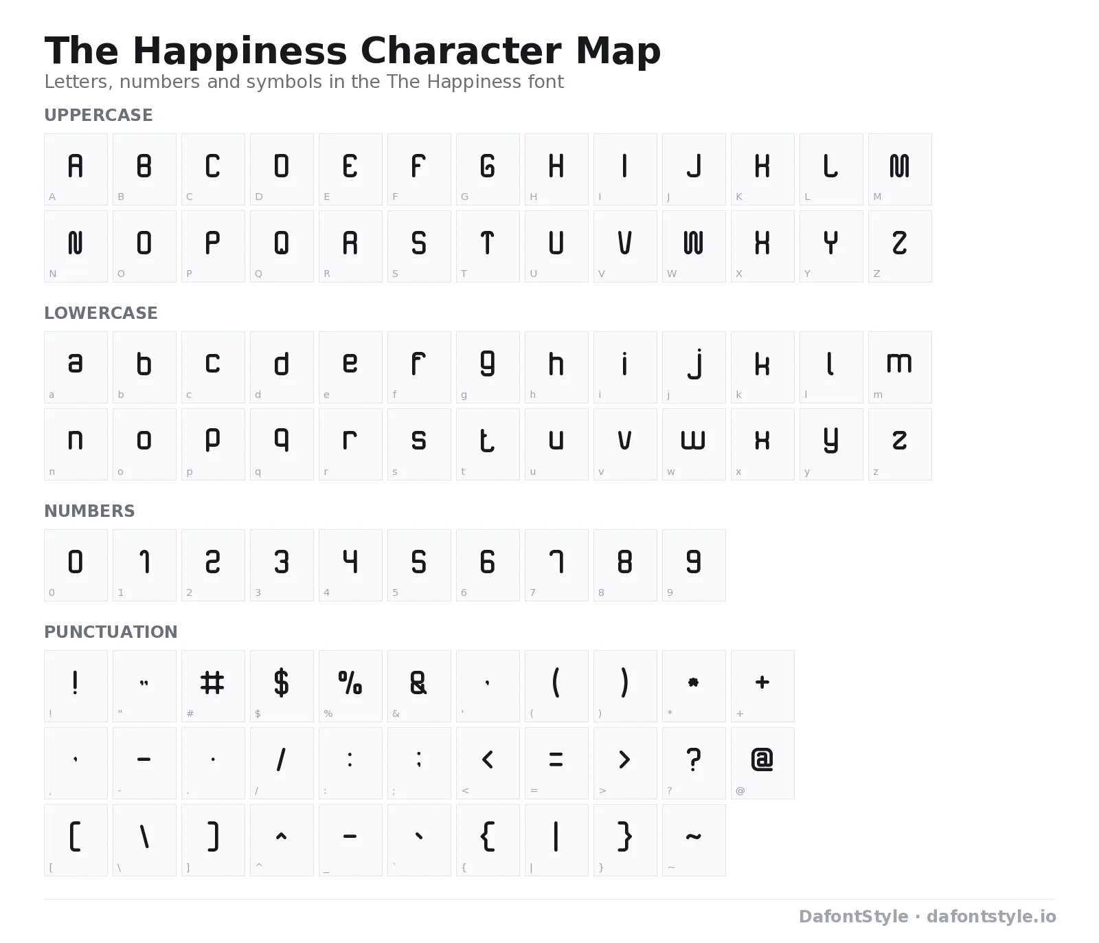 The Happiness font character map with uppercase and lowercase letters, numbers and symbols
