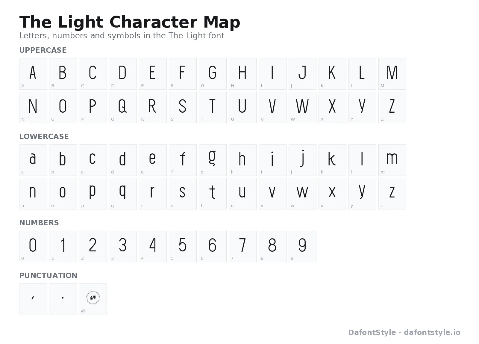 The Light font character map with uppercase and lowercase letters, numbers and symbols