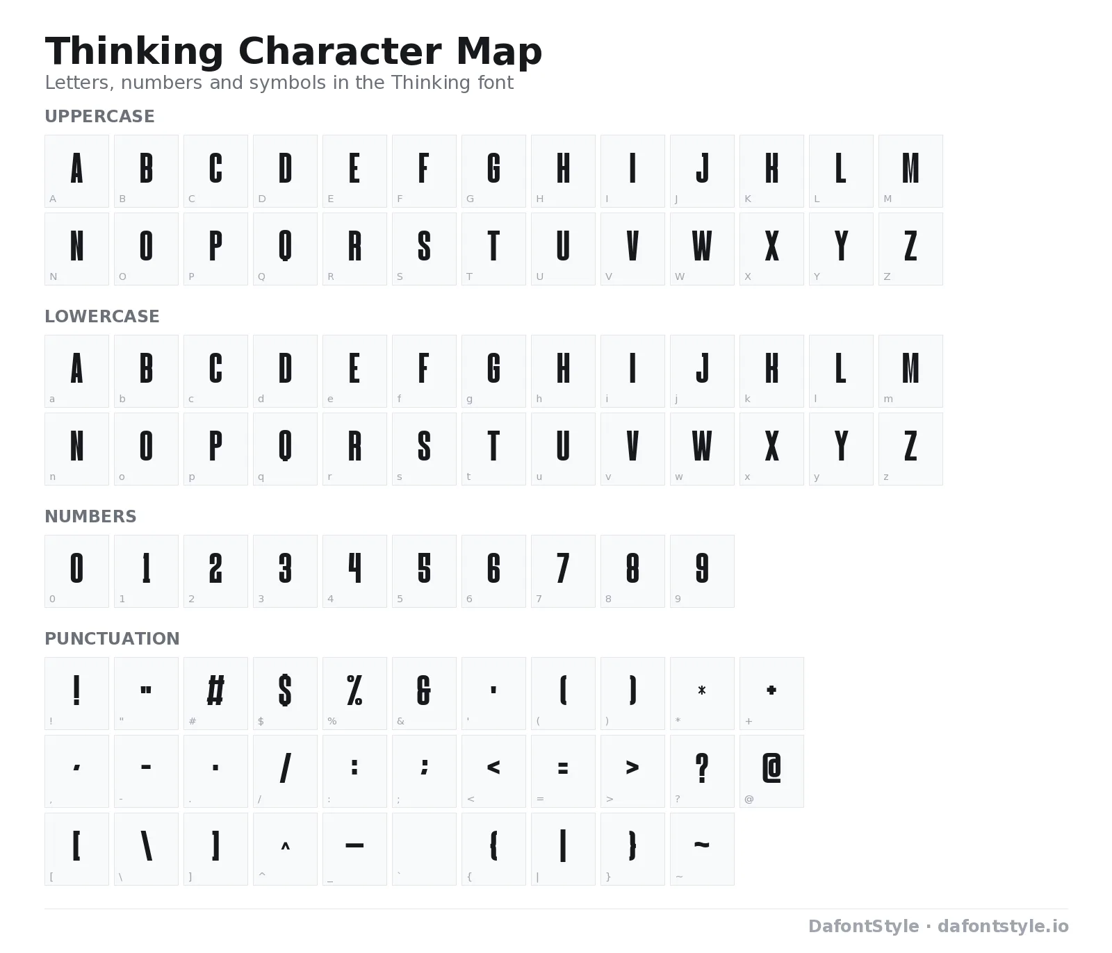 Thinking font character map with uppercase and lowercase letters, numbers and symbols