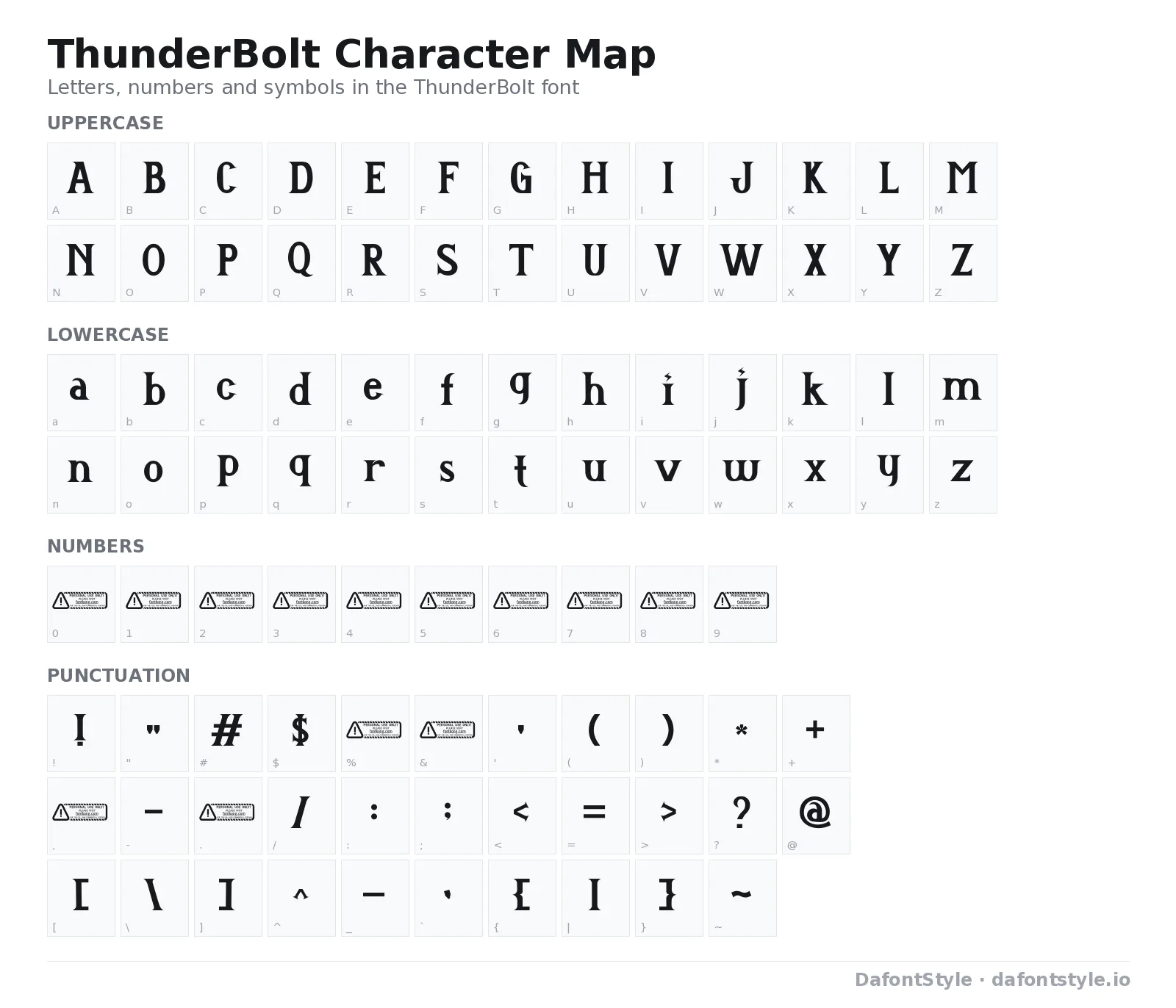 ThunderBolt font character map with uppercase and lowercase letters, numbers and symbols