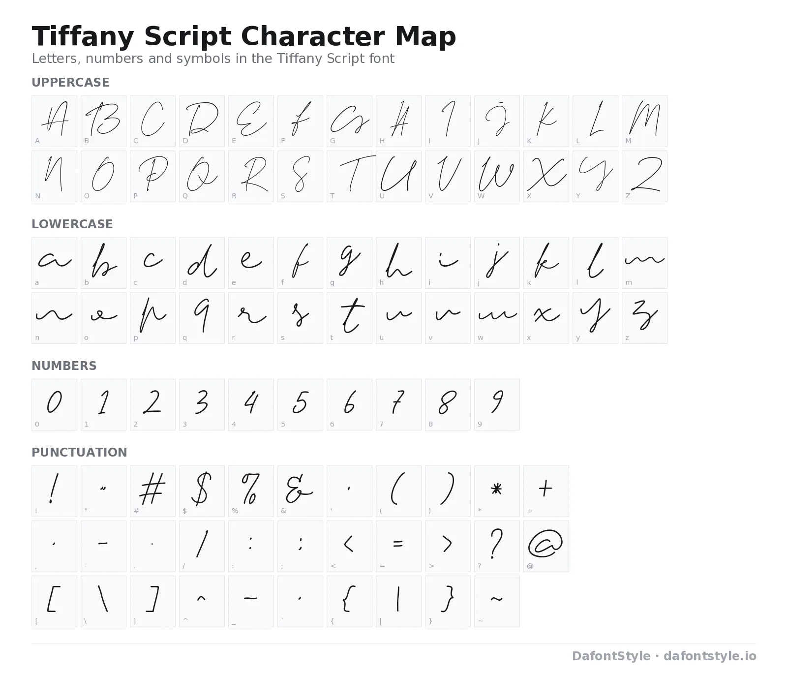 Tiffany Script font character map with uppercase and lowercase letters, numbers and symbols