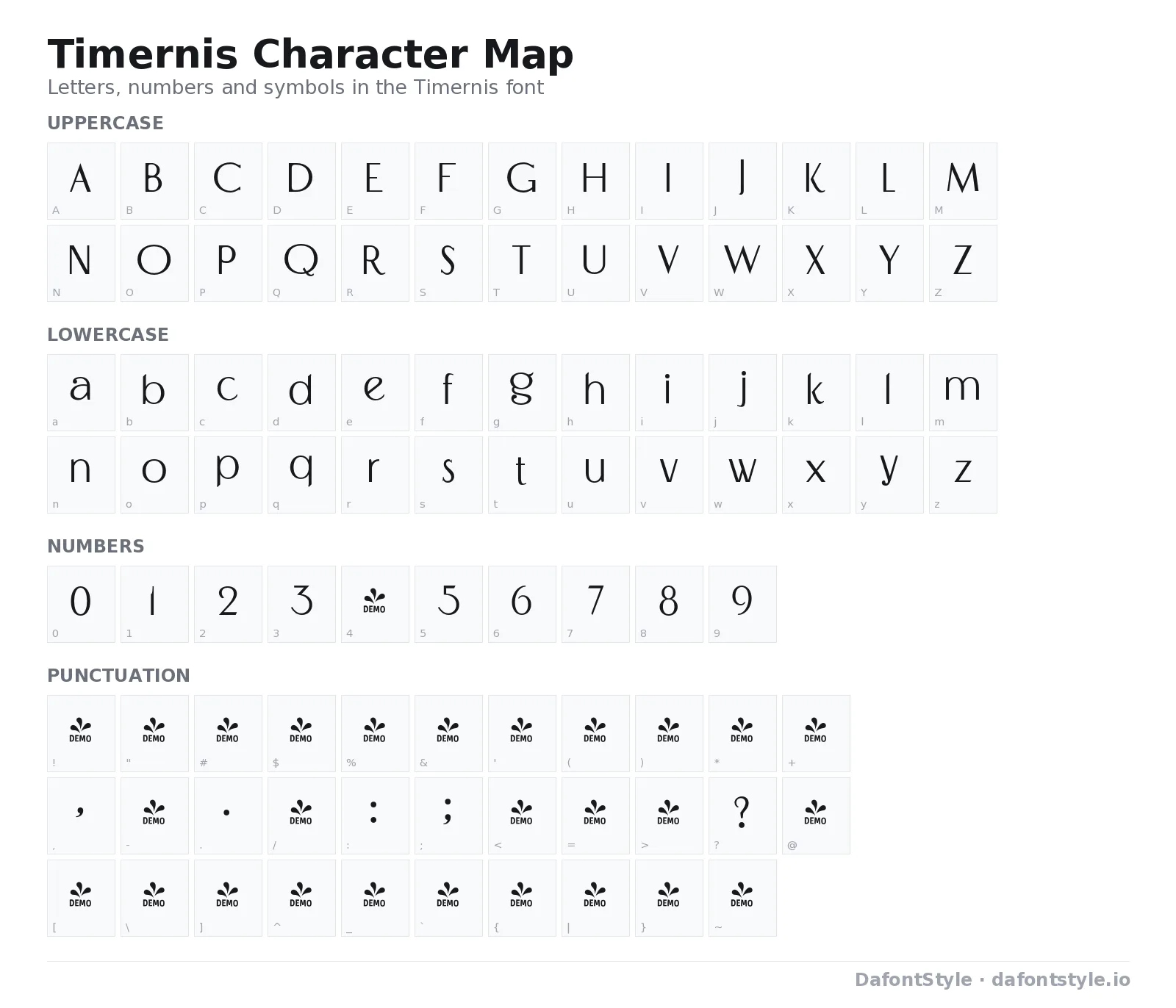 Timernis font character map with uppercase and lowercase letters, numbers and symbols