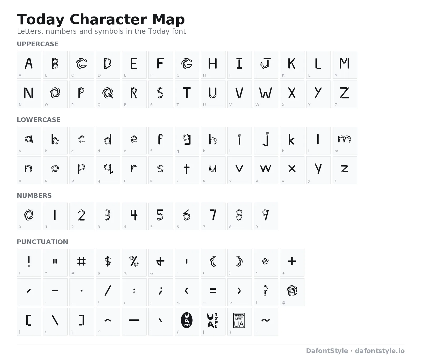 Today font character map with uppercase and lowercase letters, numbers and symbols