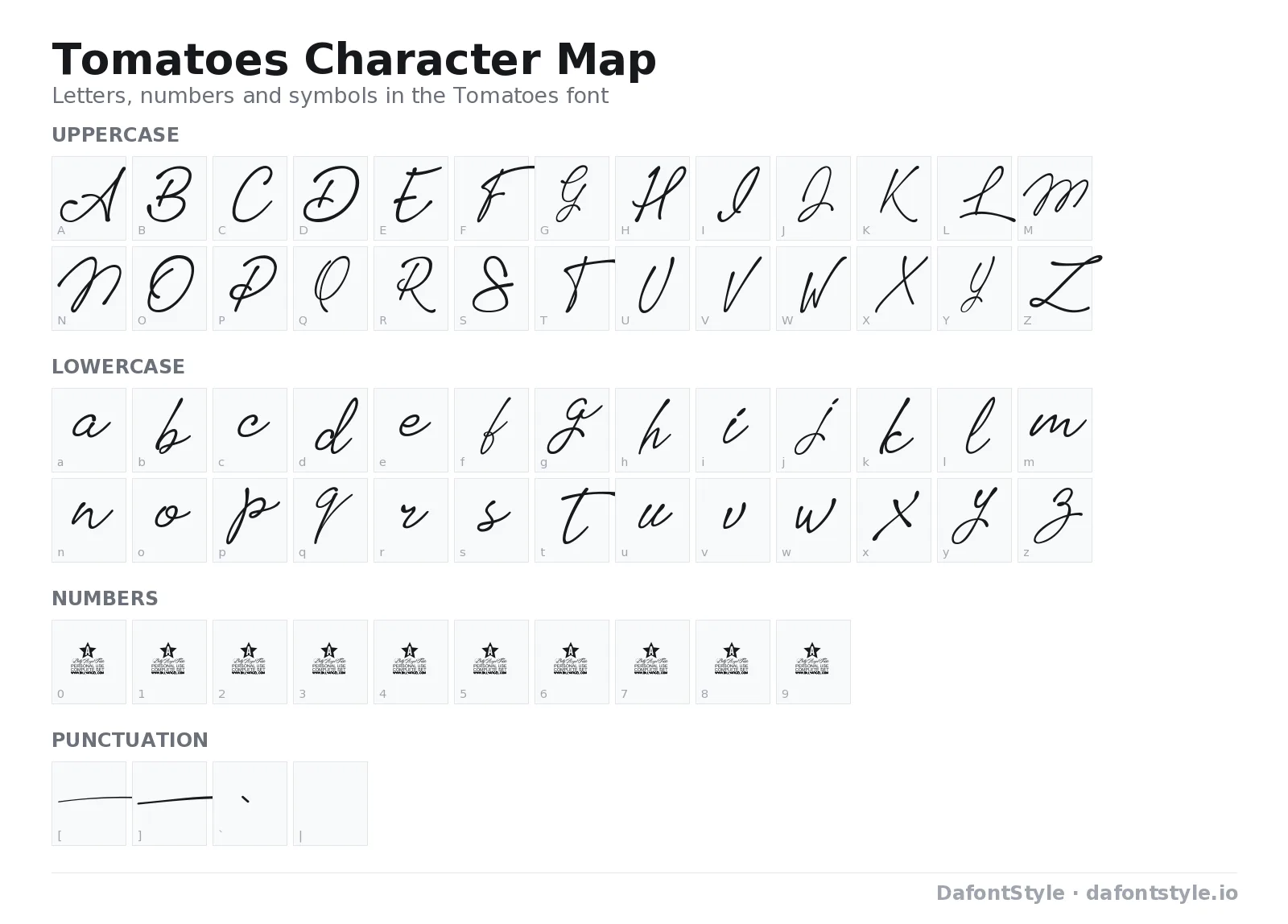 Tomatoes font character map with uppercase and lowercase letters, numbers and symbols