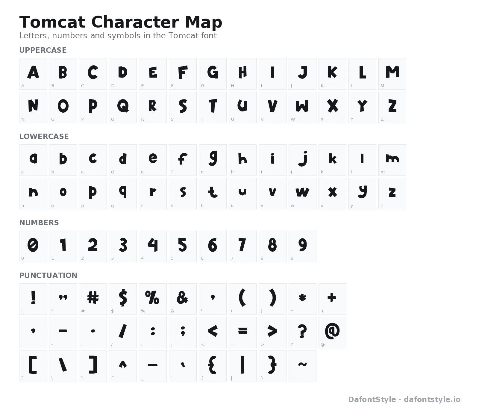 Tomcat font character map with uppercase and lowercase letters, numbers and symbols